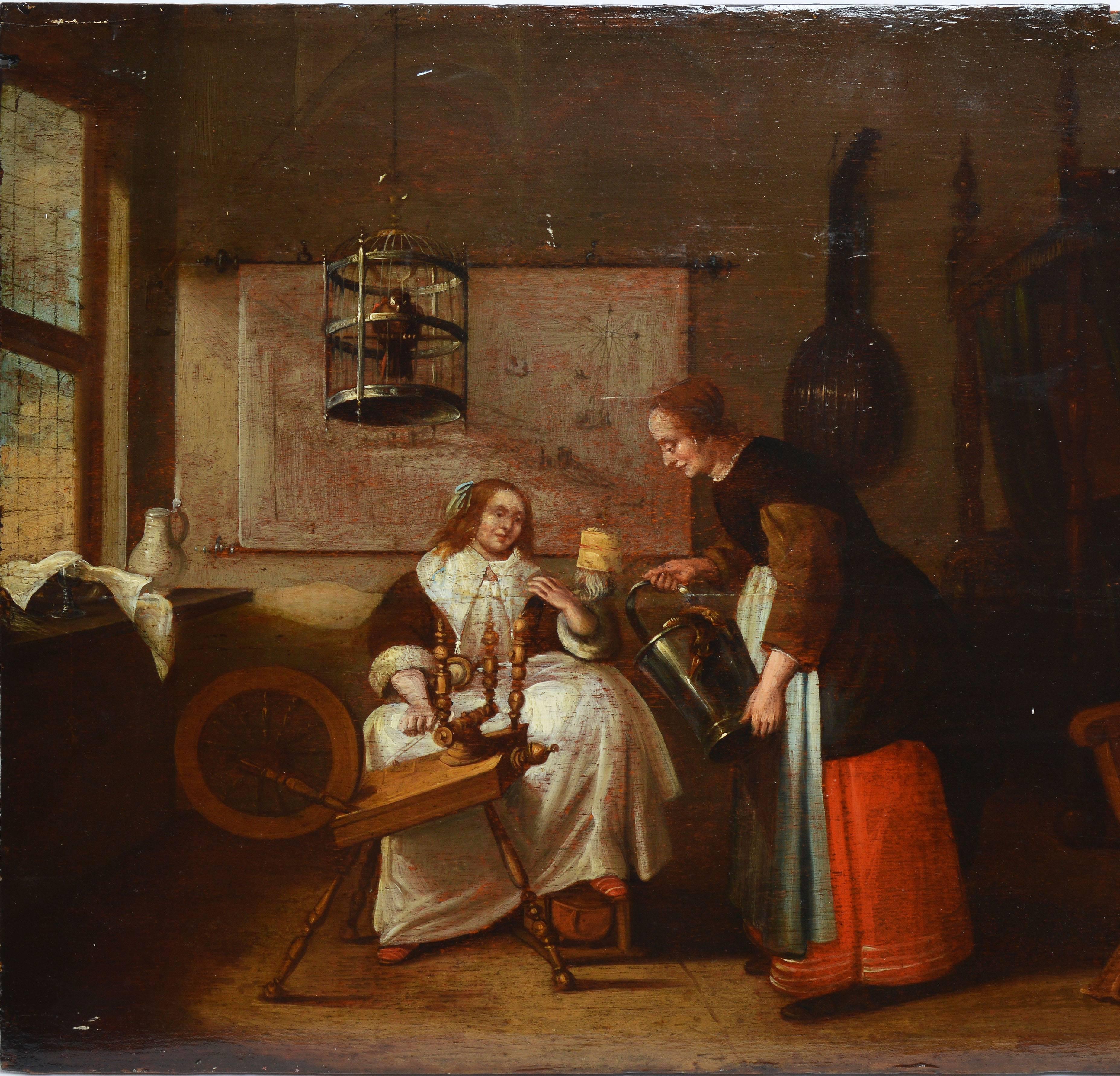 Old master interior view with figures and a birdcage.  Oil on panel, circa 1800.  Unsigned.  Unframed.  Image size, 23.5