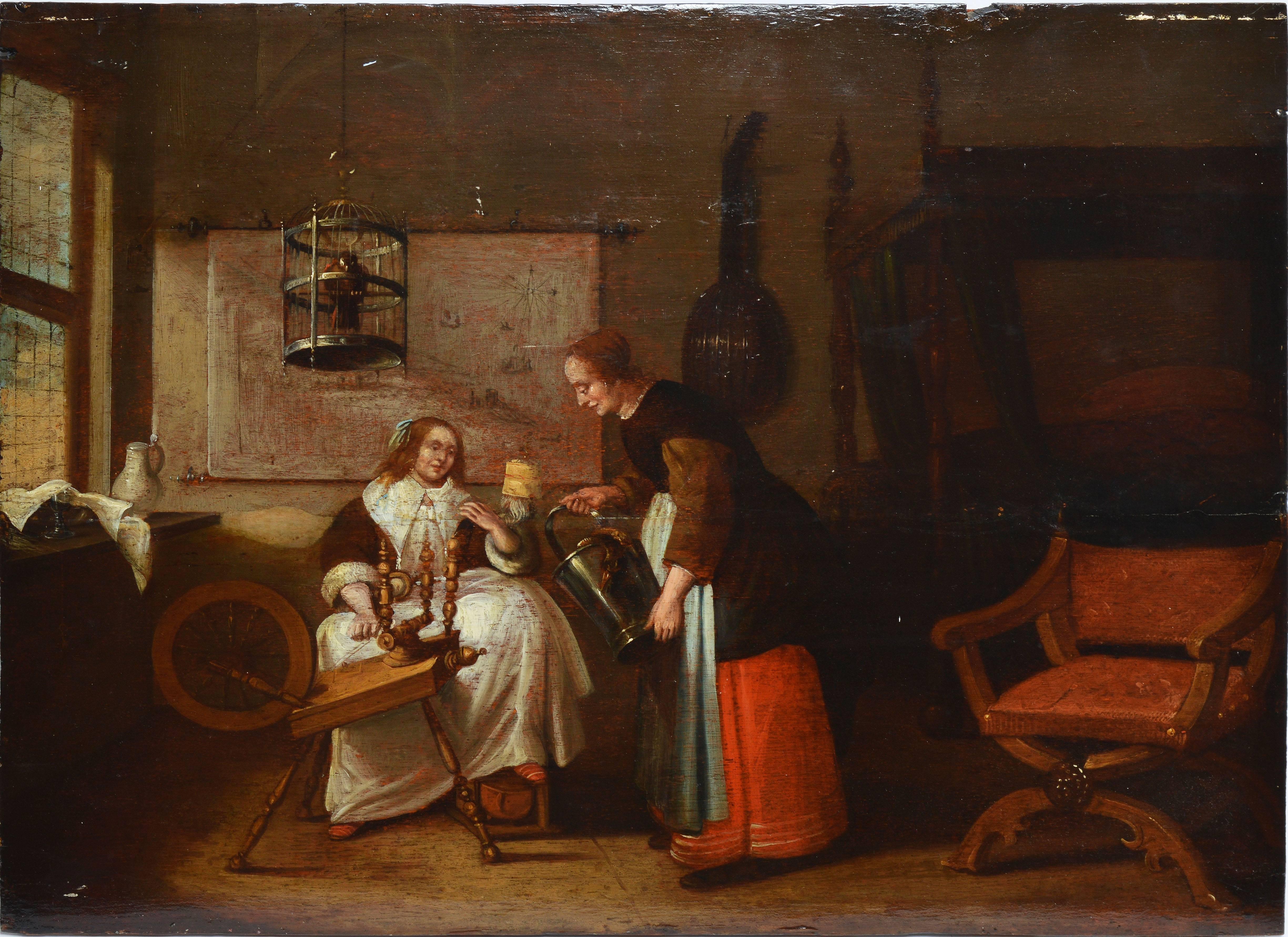 Unknown Figurative Painting - Old Master Interior View with Figures and a Birdcage