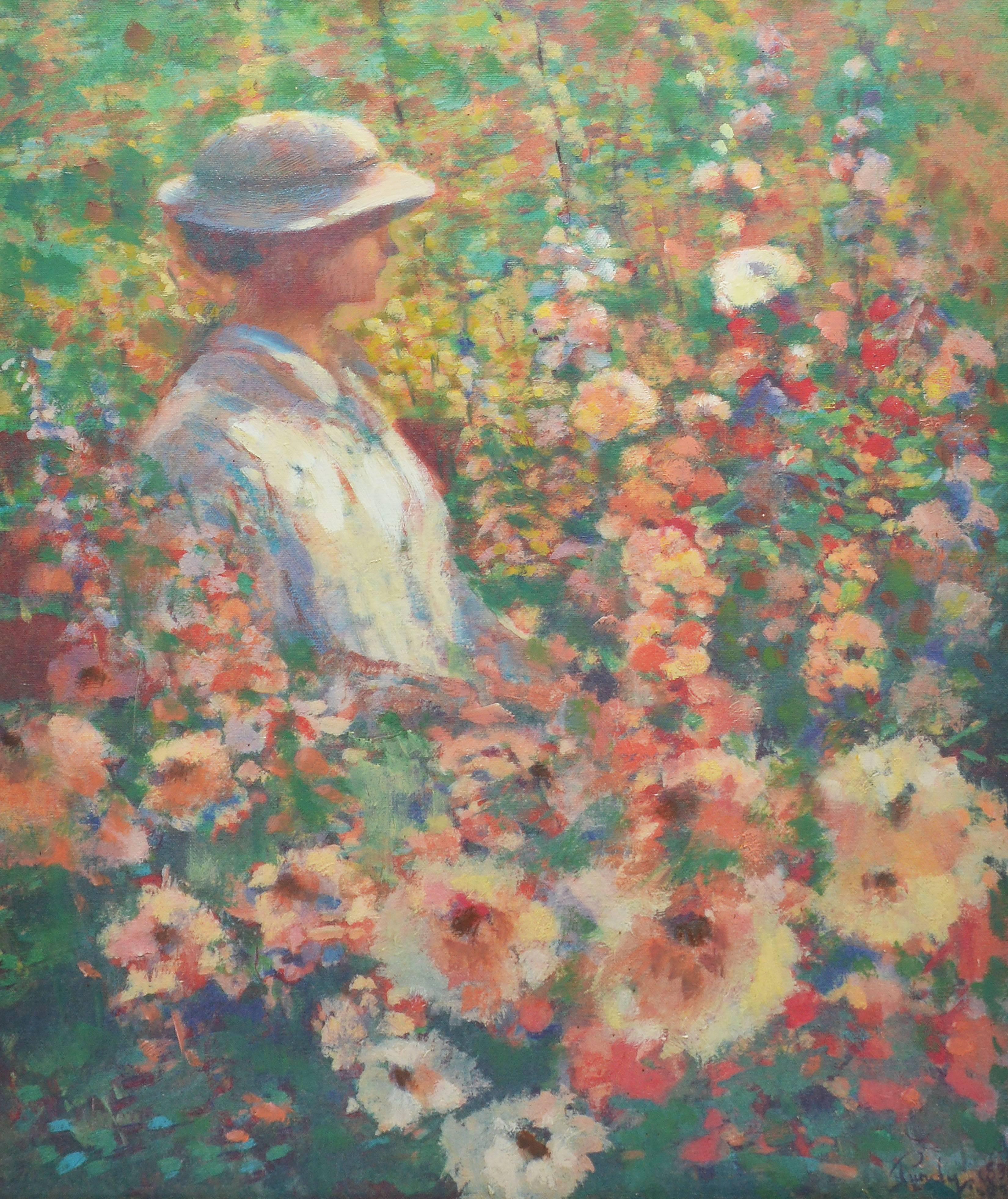 Impressionist view of a woman amongst hollyhock flowers by Donald Roy Purdy (b1924).  Oil on canvas, circa 1983.  Signed lower right, 