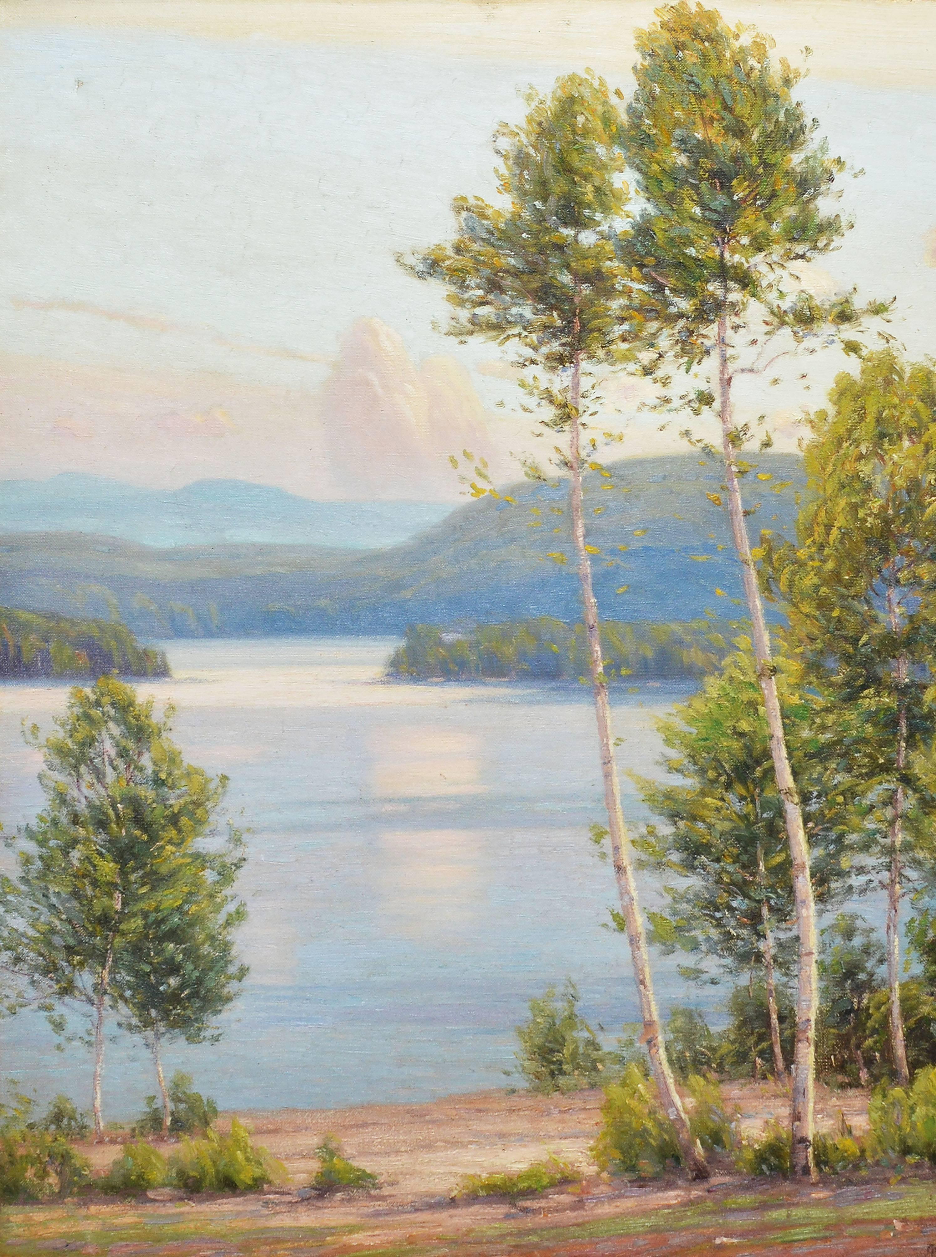 Sunset at Lake George by Gustave Wiegand - Brown Landscape Painting by Gustave Adolph Wiegand