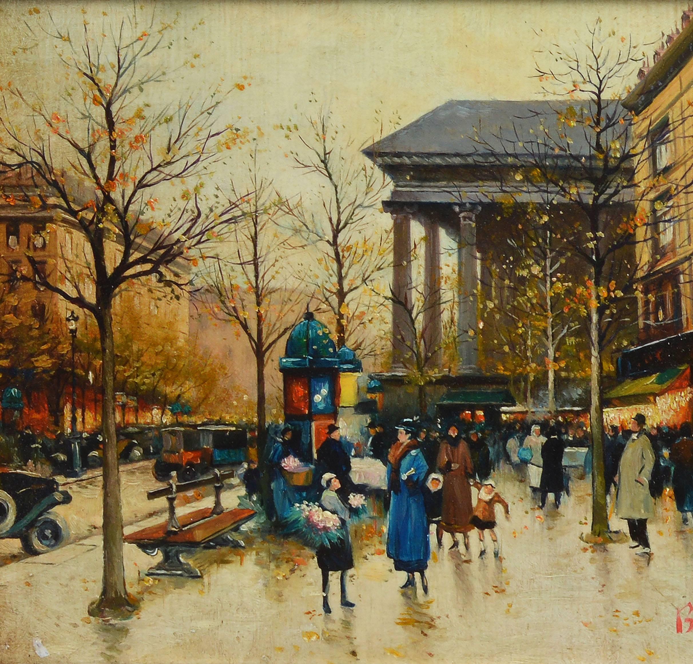 Impressionist Paris street view.  Oil on board, circa 1960.  Signed illegibly lower right.  Displayed in a giltwood frame.  Image size, 10