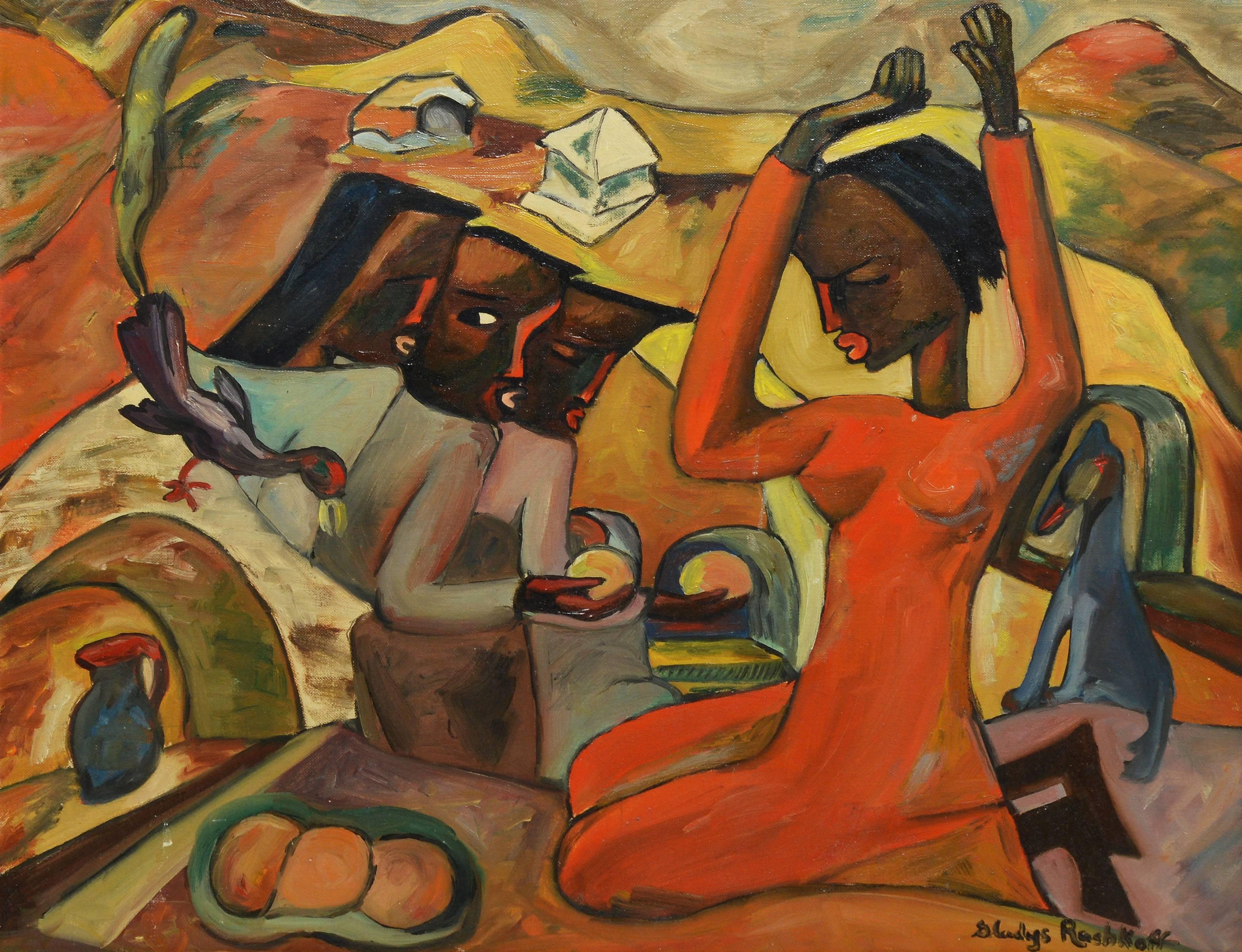 Tropical Landscape with Figures - Modern Painting by Gladys Rashkoff
