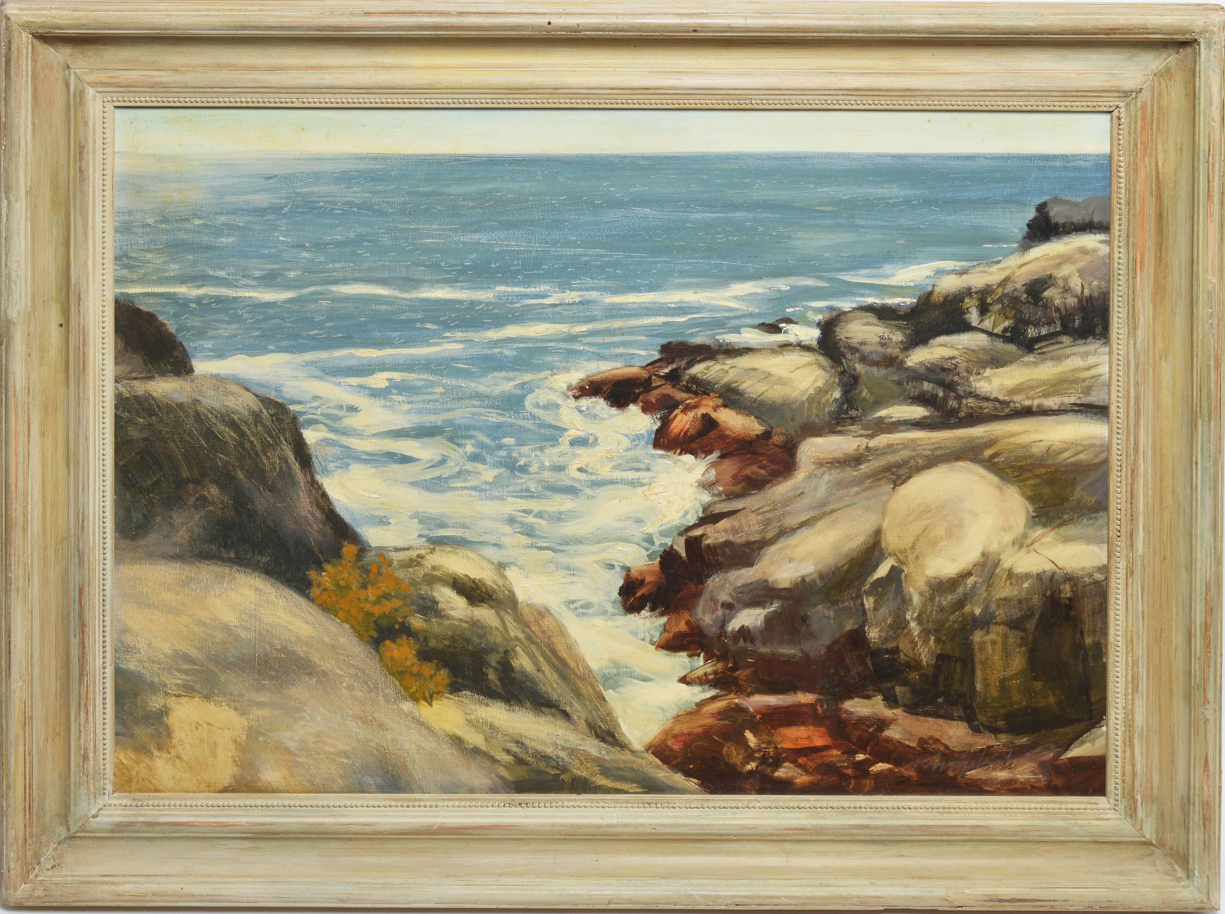 Modernist view of a coast.  Oil on board, circa 1950.  Signed lower right, "Angeloch".  Displayed in a grey wood frame.  Image size 24"L x 18"H.