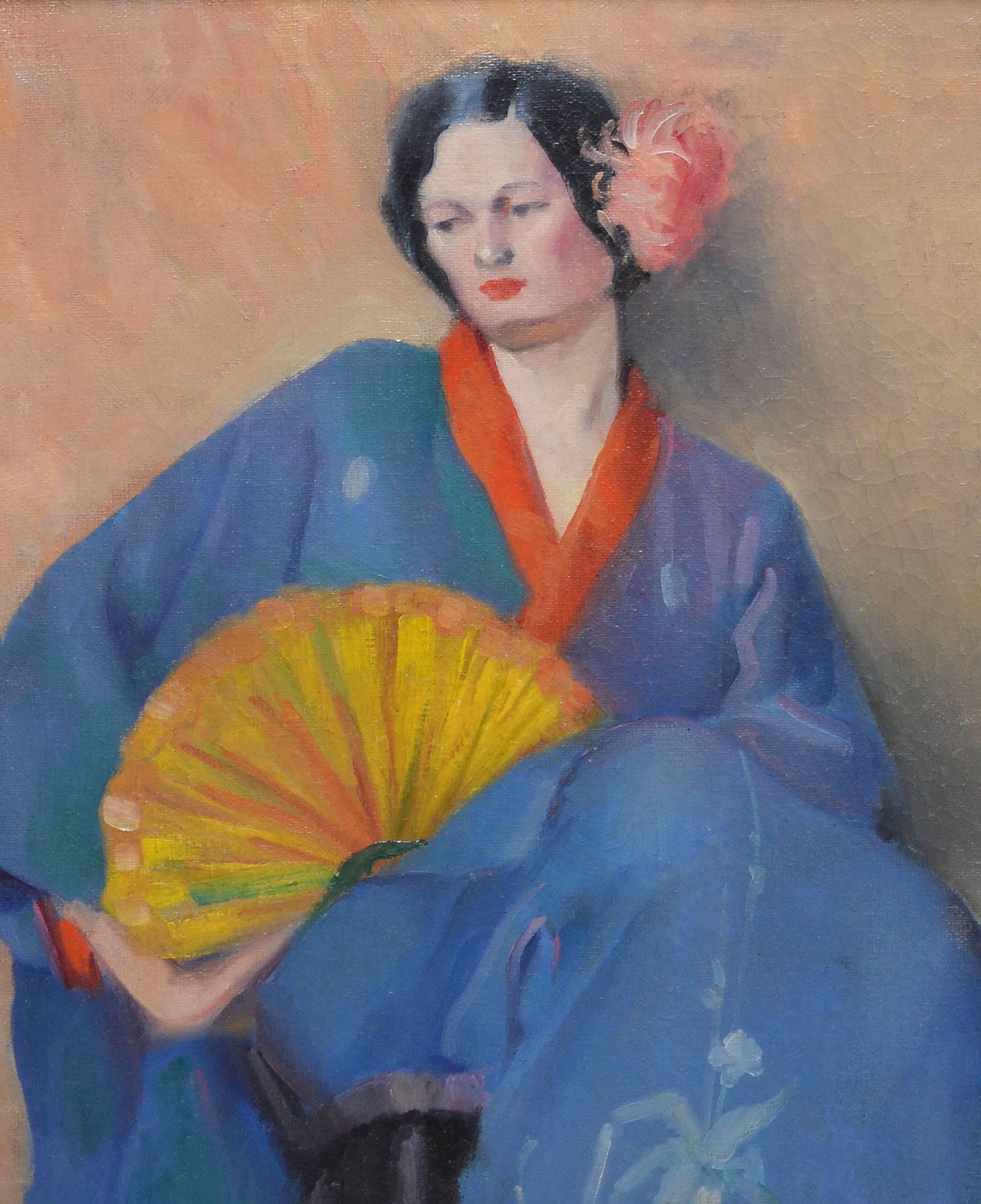 Portrait of a Woman in Japanese Clothes - Gray Portrait Painting by Unknown