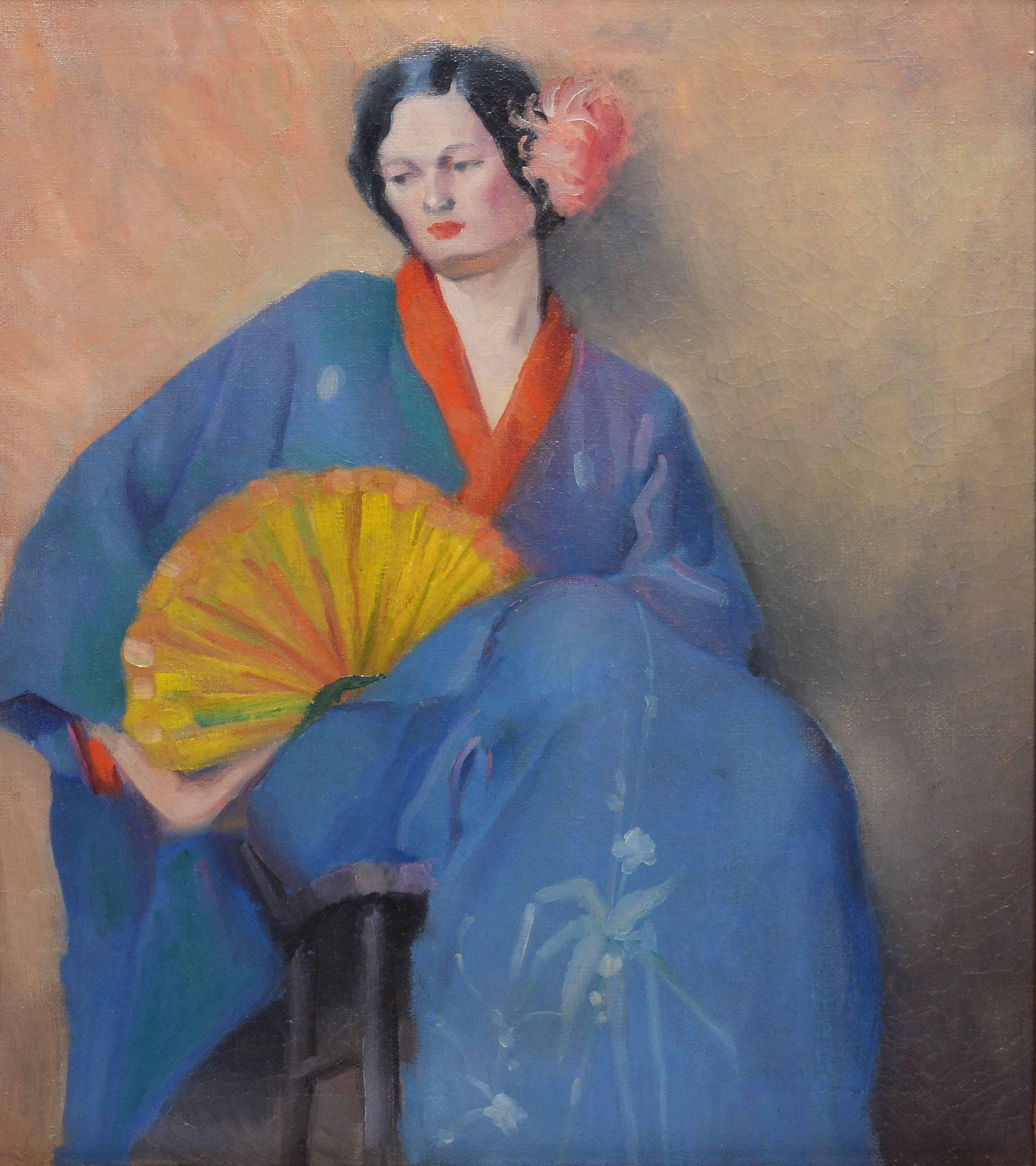 Portrait of a Woman in Japanese Clothes - Impressionist Painting by Unknown