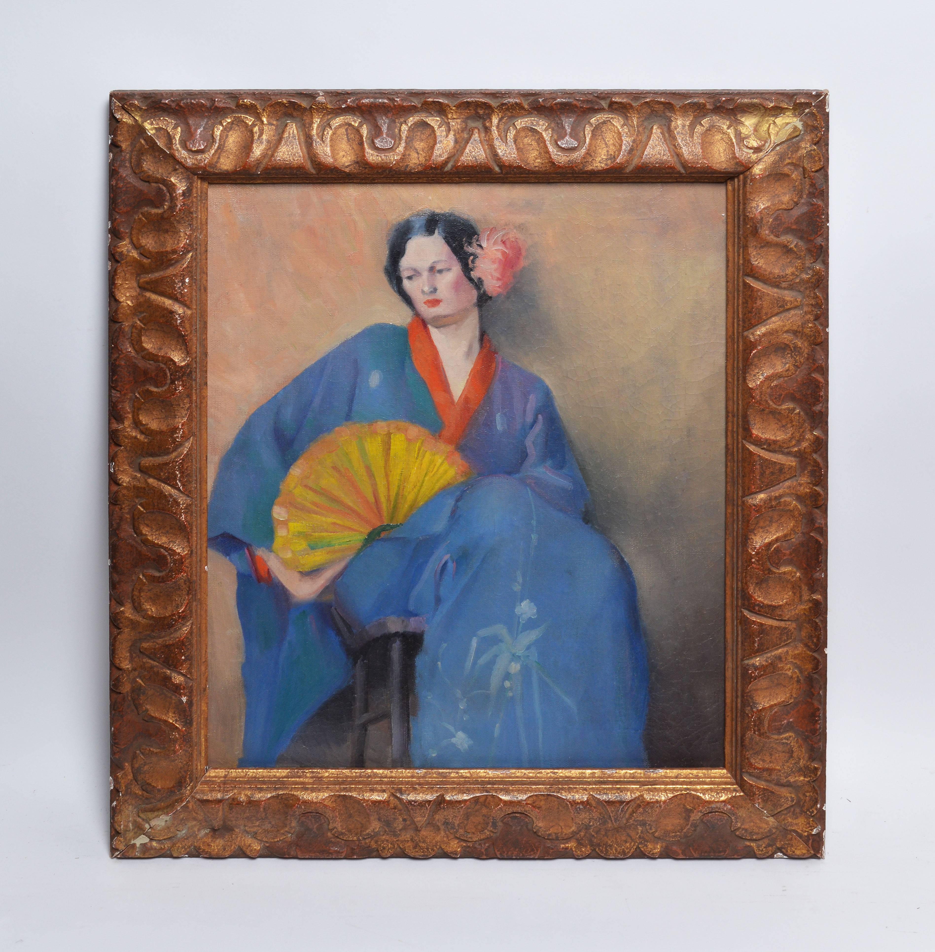 Portrait of a Woman in Japanese Clothes - Painting by Unknown