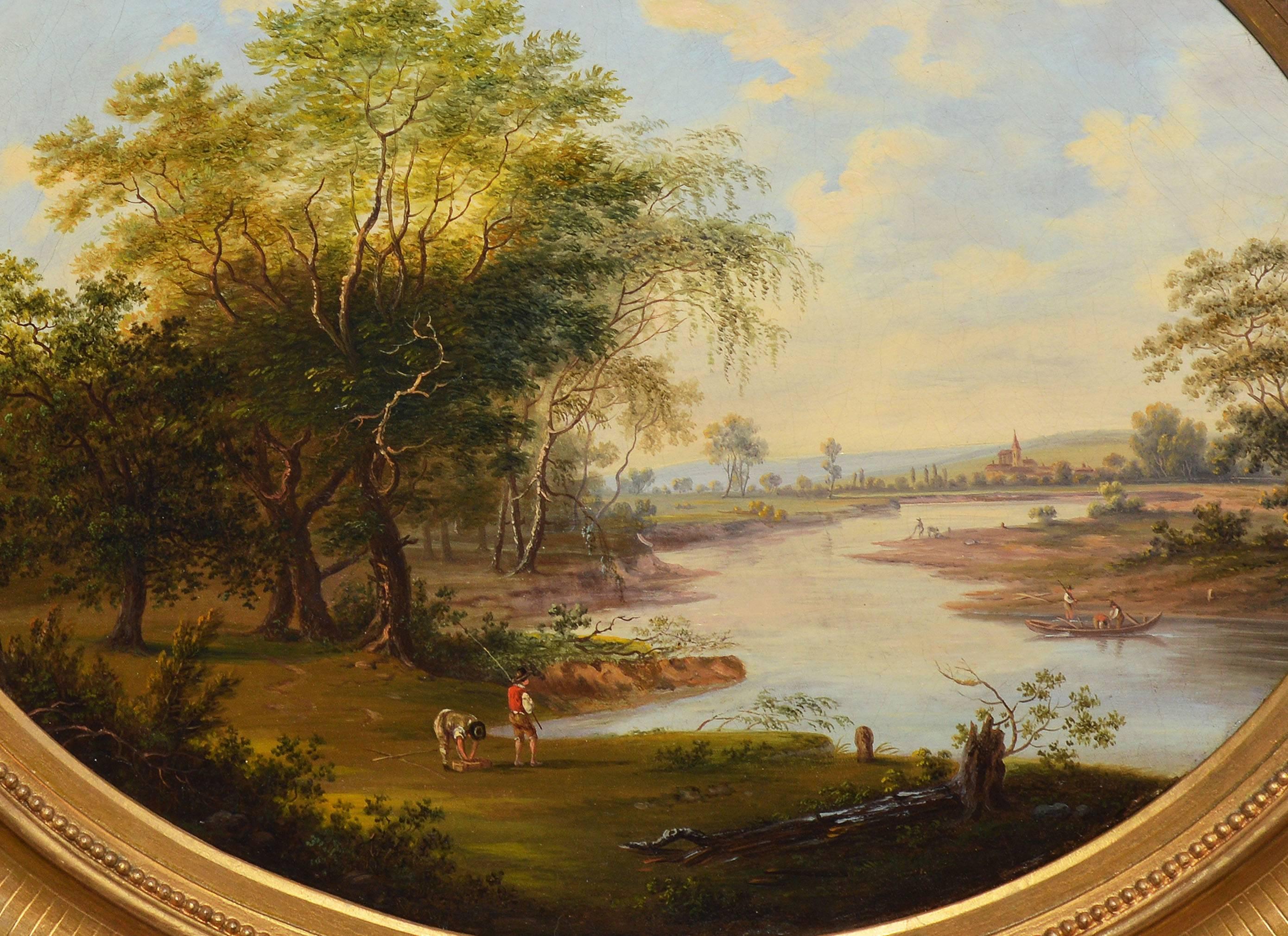 Expansive 19th Century Hudson River School Panoramic Landscape with Figures - Brown Landscape Painting by Unknown