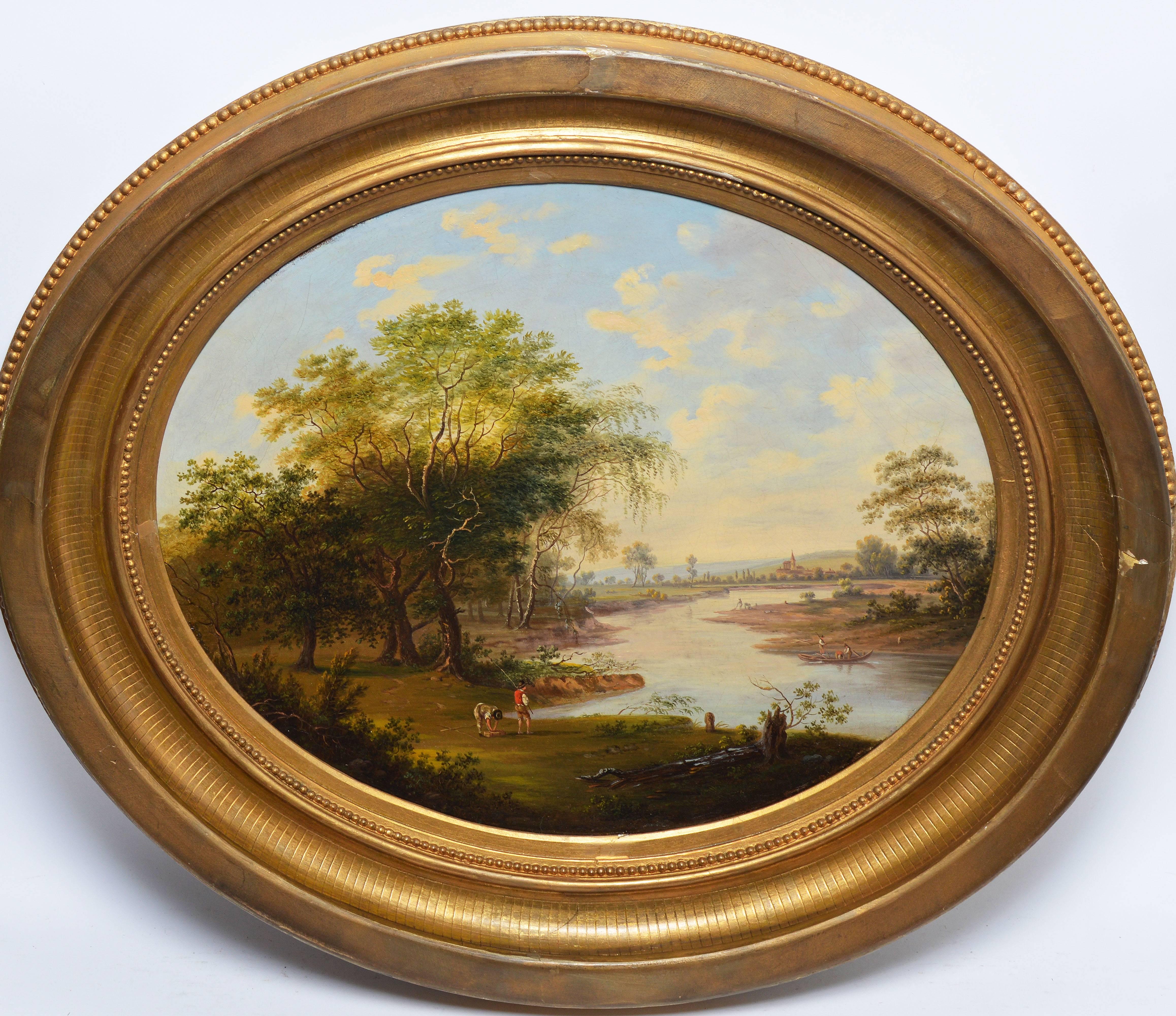 Unknown Landscape Painting - Expansive 19th Century Hudson River School Panoramic Landscape with Figures