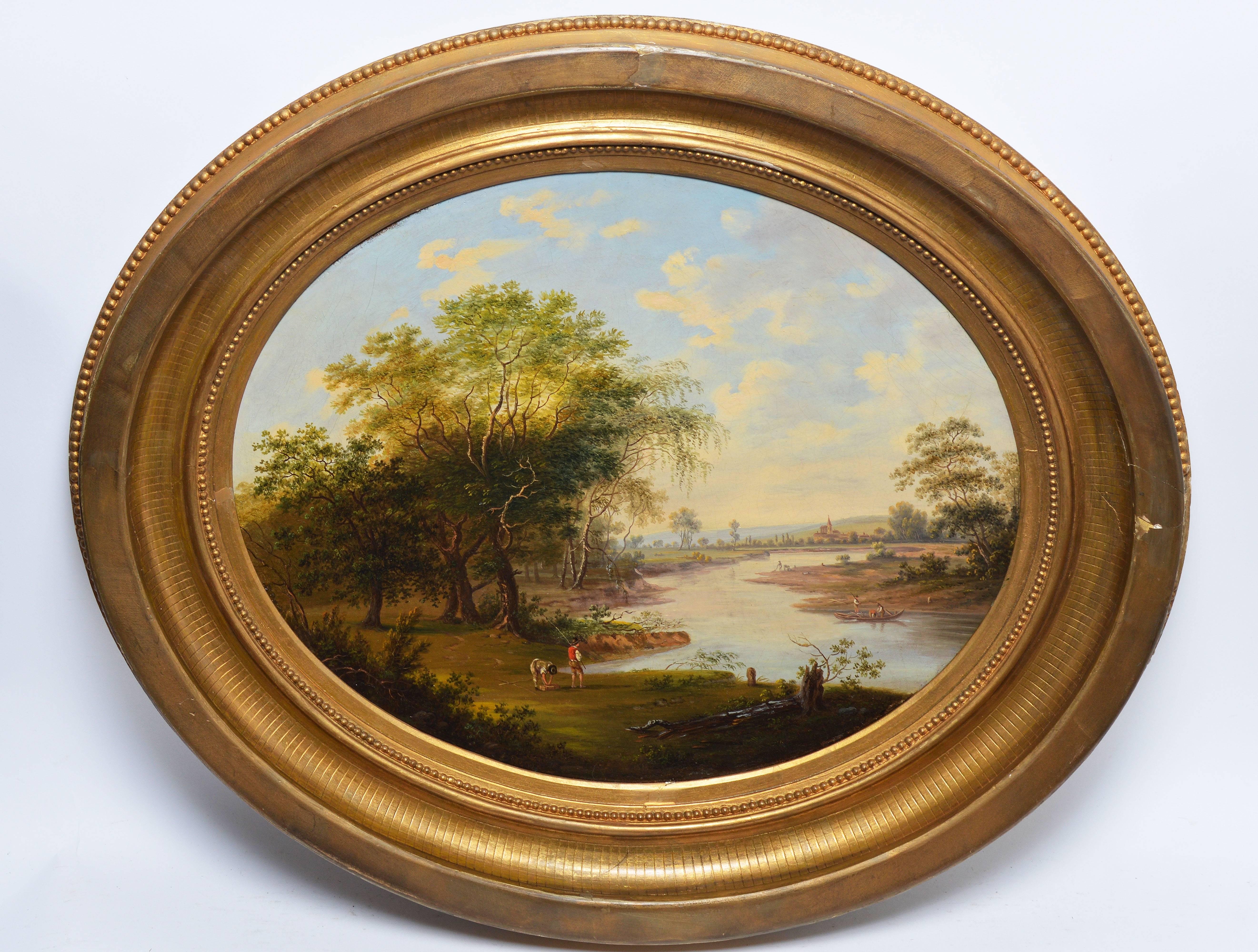 Expansive 19th Century Hudson River School Panoramic Landscape with Figures - Painting by Unknown