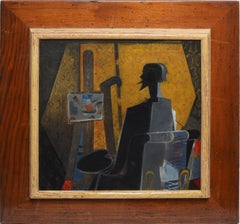 American School Modernist Interior with Artist Cubist Self Portrait