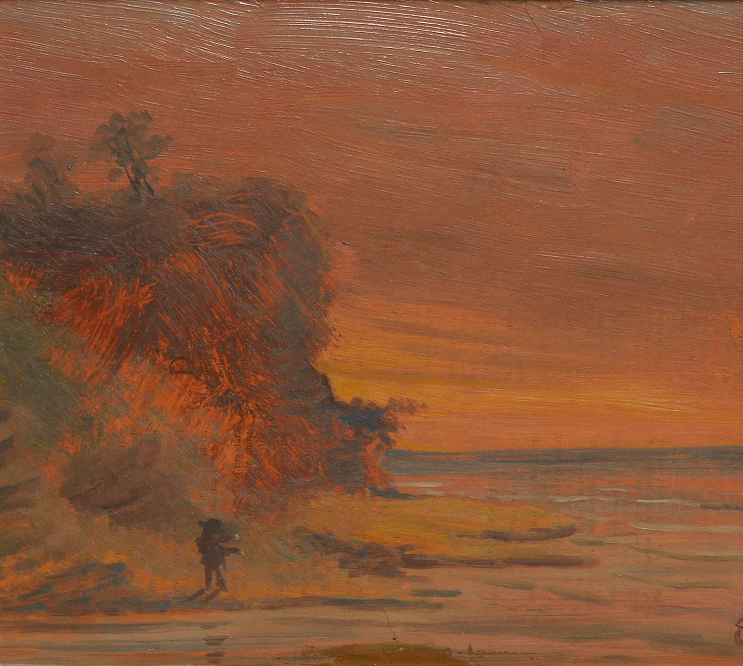 Modernist seascape oil painting with an artist on the shore.  Oil on board, circa 1900.  Signed lower right, 