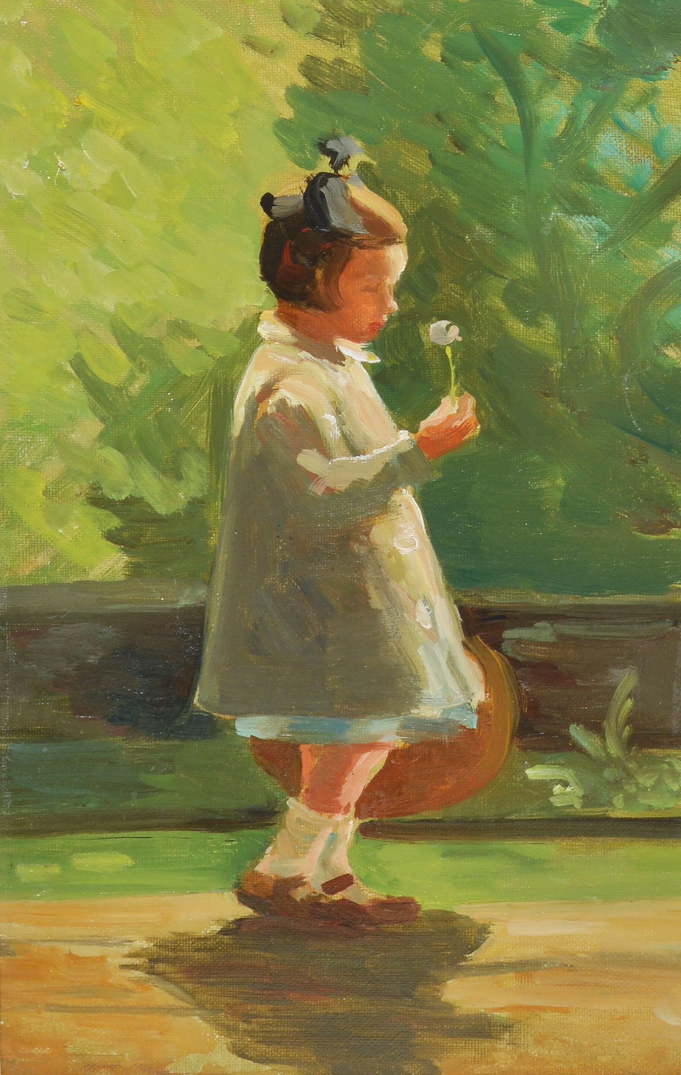 Impressionist landscape with a girl picking flowers.  Oil on board, circa 1940.  Unsigned.  Displayed in a giltwood frame.  Image size, 8