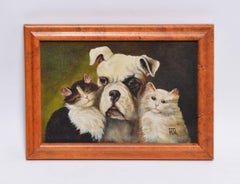 Three Best Friends, Antique American School Portrait of a Dog and Cats
