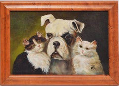 Three Best Friends, Antique American School Portrait of a Dog and Cats
