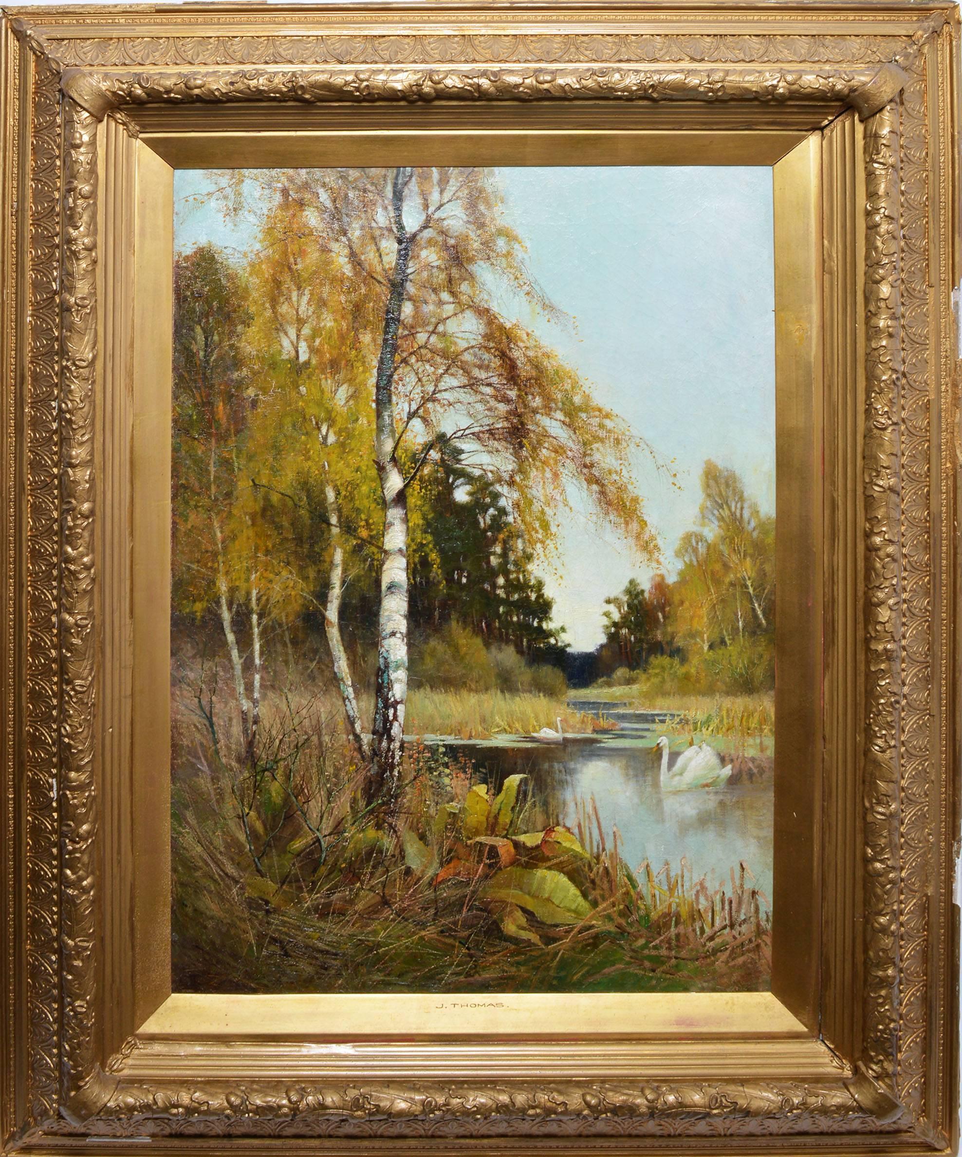 Unknown Landscape Painting - Antique River Landscape  with Swans and Birch Tree