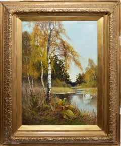 Antique River Landscape  with Swans and Birch Tree