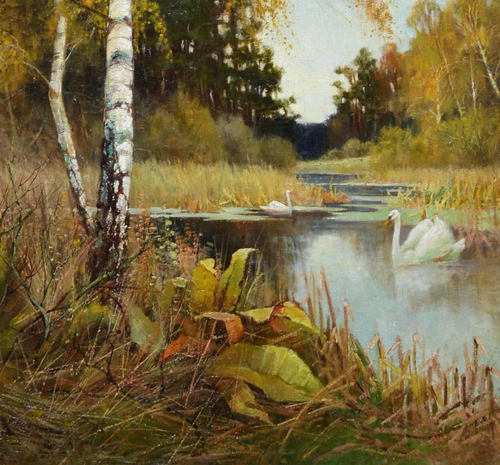 Antique River Landscape  with Swans and Birch Tree - Brown Landscape Painting by Unknown