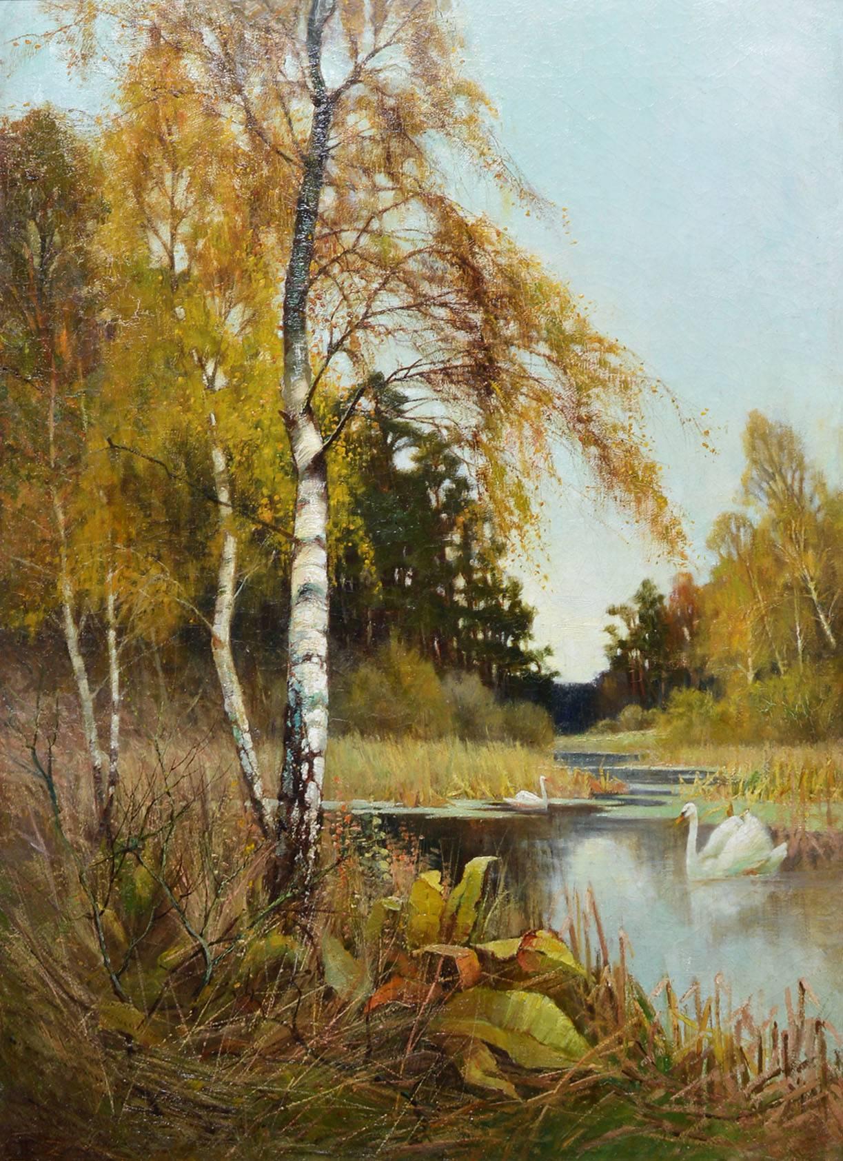 Antique River Landscape  with Swans and Birch Tree - Impressionist Painting by Unknown