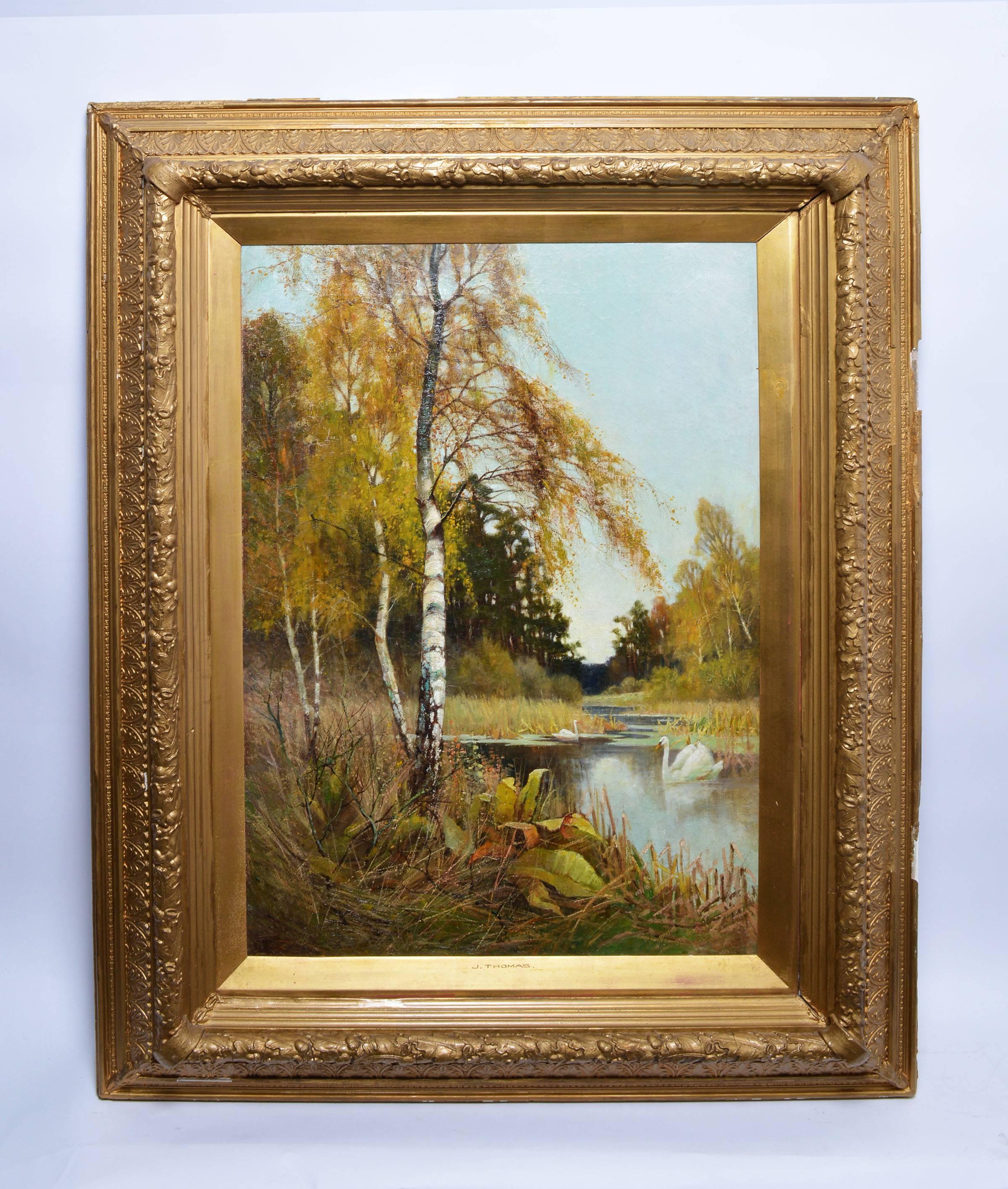 Antique River Landscape  with Swans and Birch Tree - Painting by Unknown