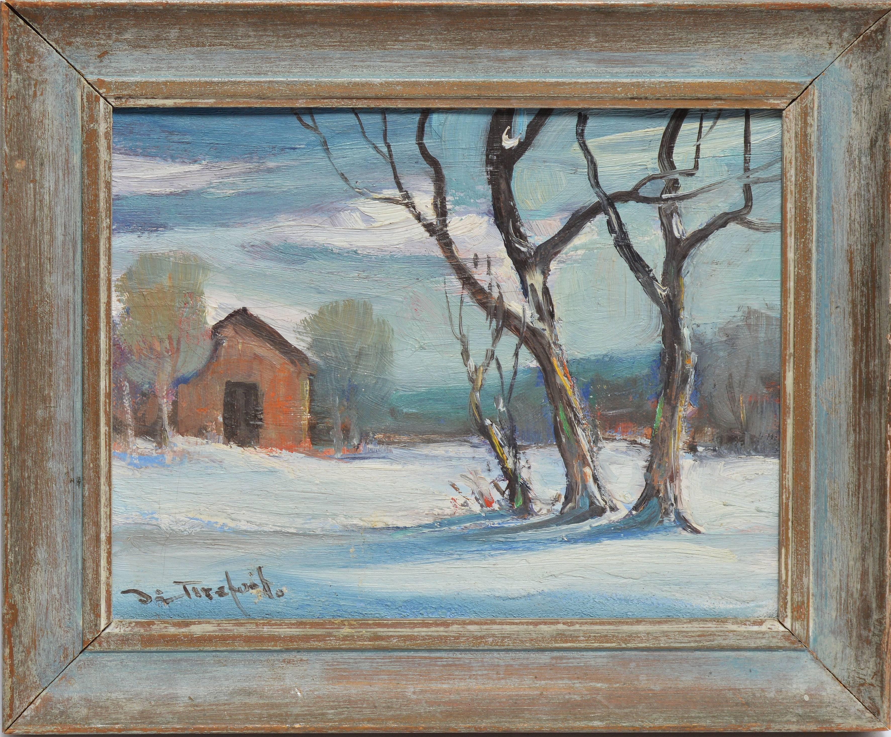 Impressionist winter landscape with a barn by Bela deTirefort  (1894 - 1993).  Oil on board, circa 1940.  Signed lower left, "DeTirefort".  Displayed in a grewood frame.  Image size, 10"L x 8"H, overall 12"L x 10"H.