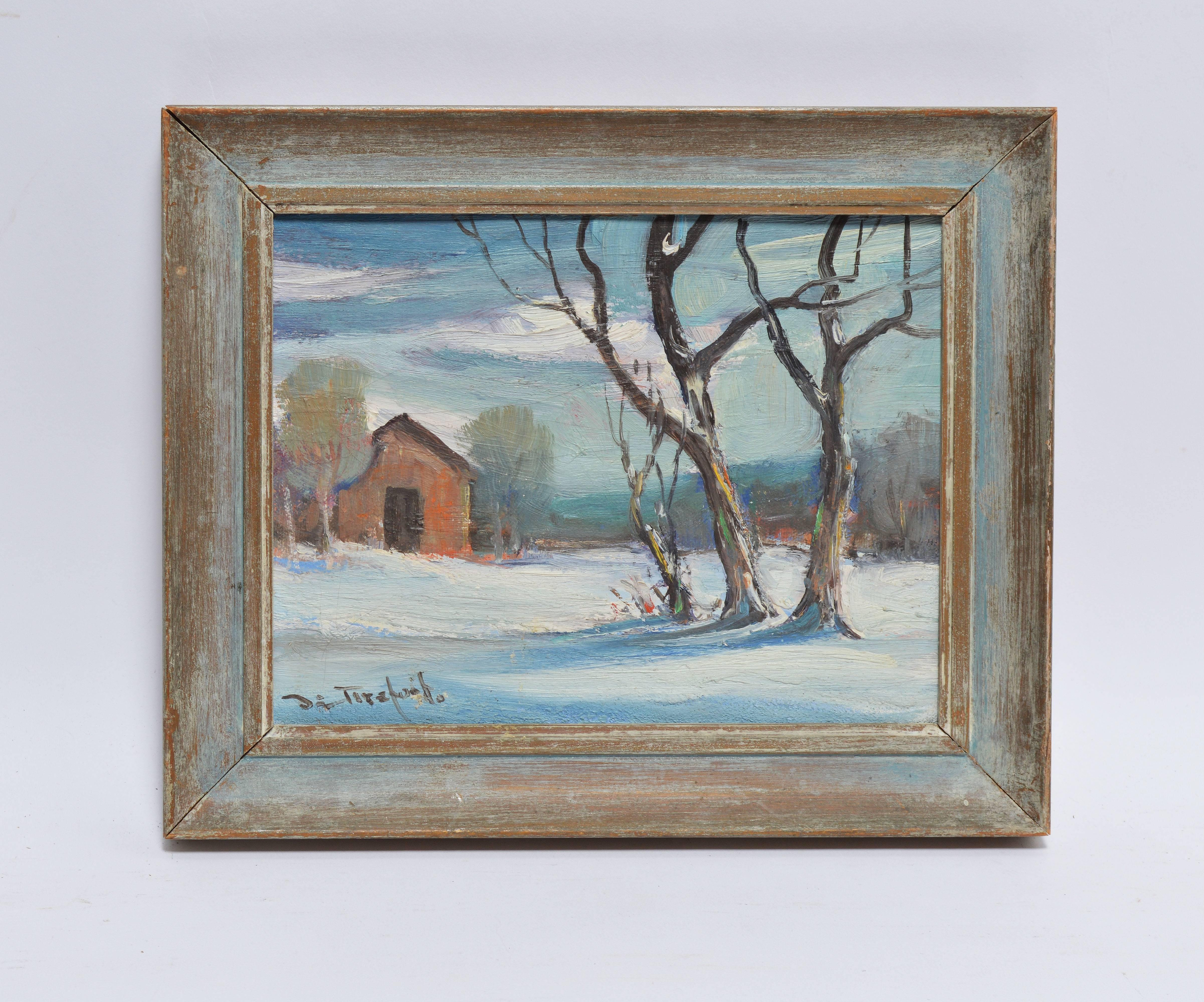 Snow Covered Landscape with a Barn, Bela DeTirefort 1