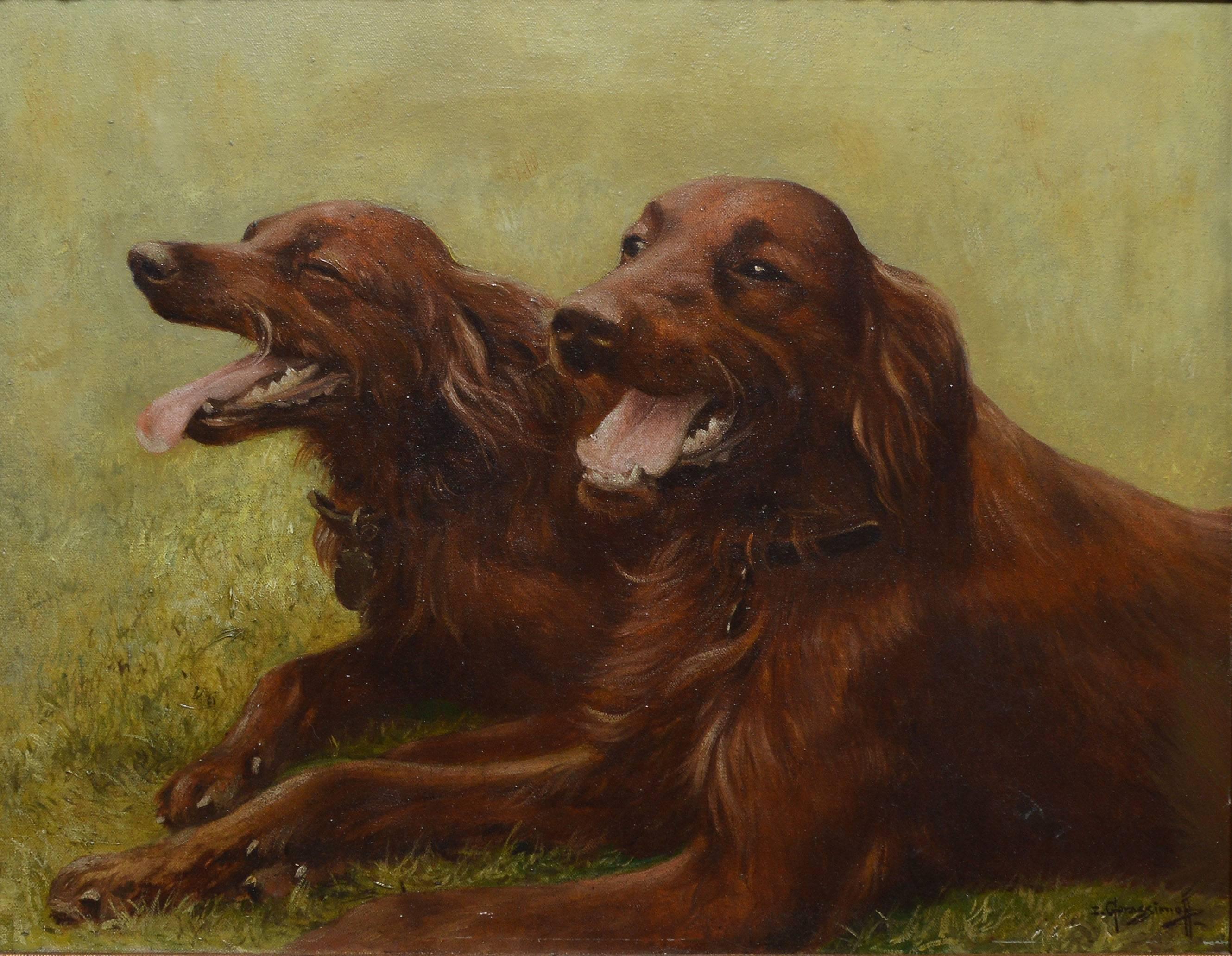 Impressionist portrait of two Irish Setter dogs by Ivan Gerasimov  (1945-1954).  Oil on canvas, circa 1940.  Signed lower right, "I. Gerassimoff".  Displayed in an antique frame.  Image size 20"L x 16"H, overall 28"L x