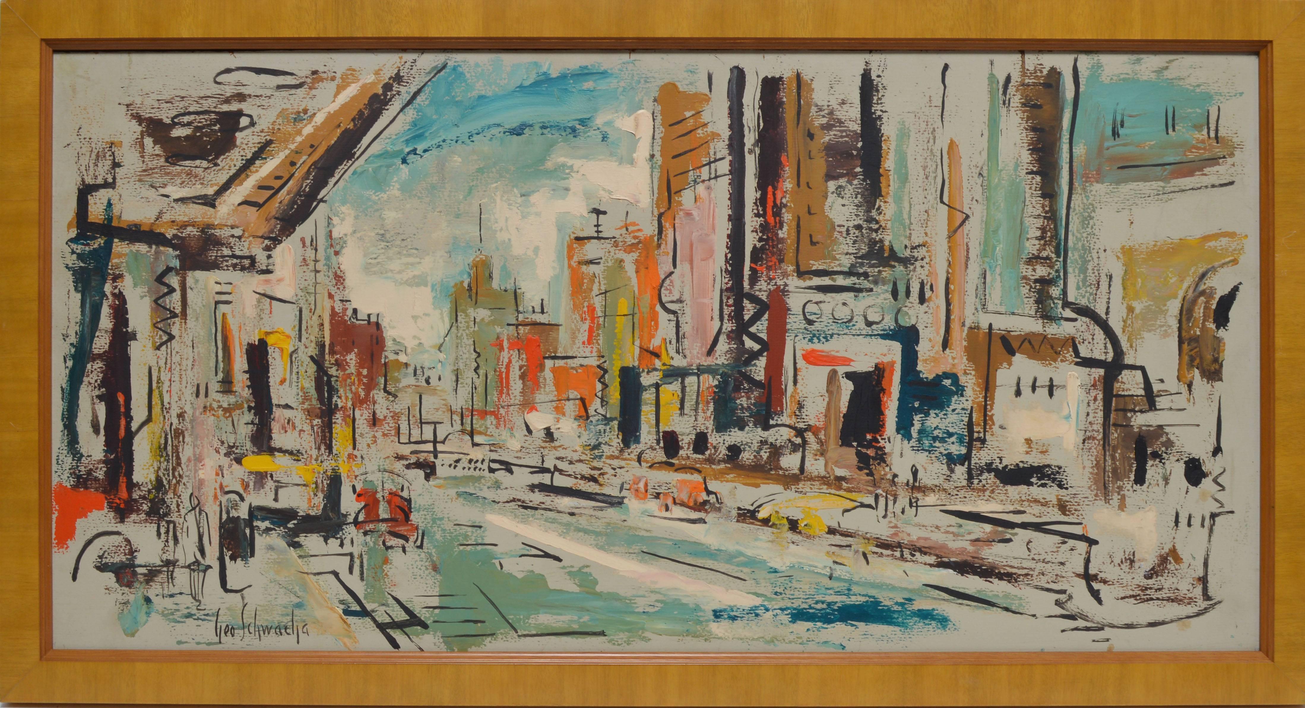 Modernist view of New York City by George Schwacha Jr  (1908 - 1986).  Oil on board, circa 1950.  Signed lower right, "Geo Schwacha".  Displayed in a natural wood frame.  Image size, 24"L x 12"H, overall 26"L x 14"H.