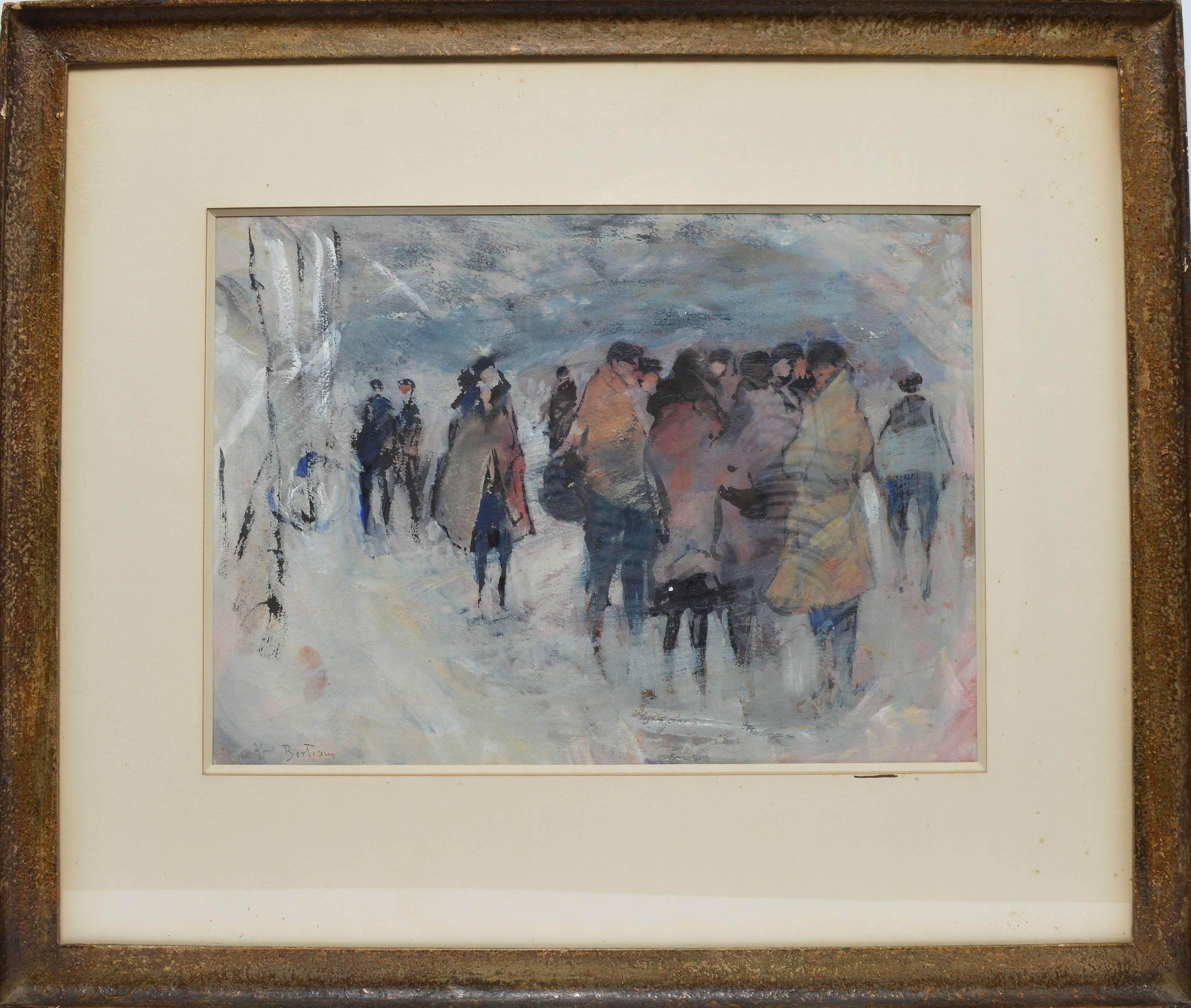 Modernist winter landscape with figures by Abel Bertram  (1871 - 1954).  Watercolor and gouache on paper, circa 1920.  Signed lower left, "Abel Bertram".  Displayed in a brown wood frame, cream mat and behind glass.  Image size, 15"L x 11"H, overall