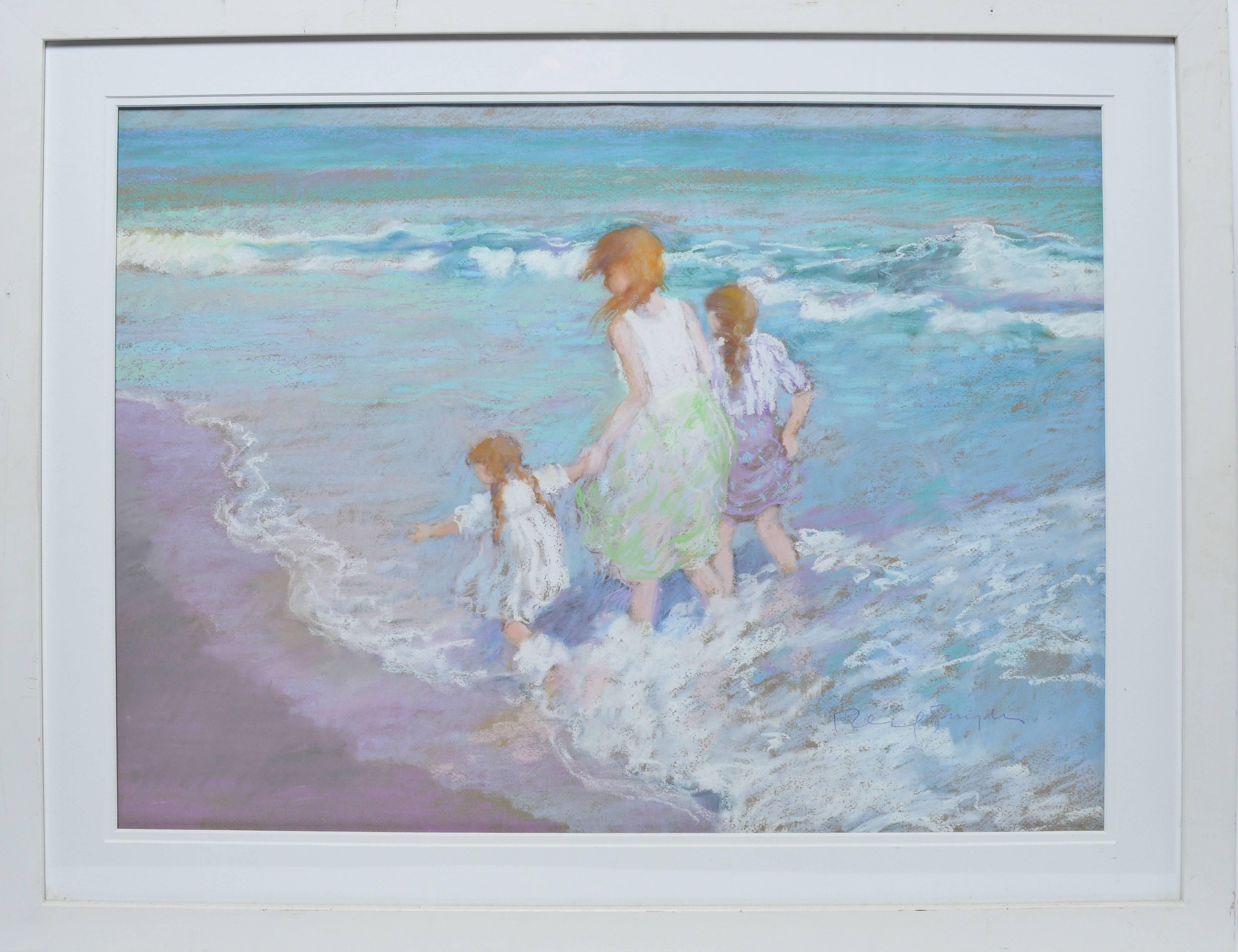Impressionist beach view with three girls walking by Judith Reifsnyder.  Pastel on board, circa 1990.  Signed lower right, "Reifsnyder".  Displayed in a white wood frame behind glass.  Image size, 24"L x 18"H, overall 30"L x 24"H.