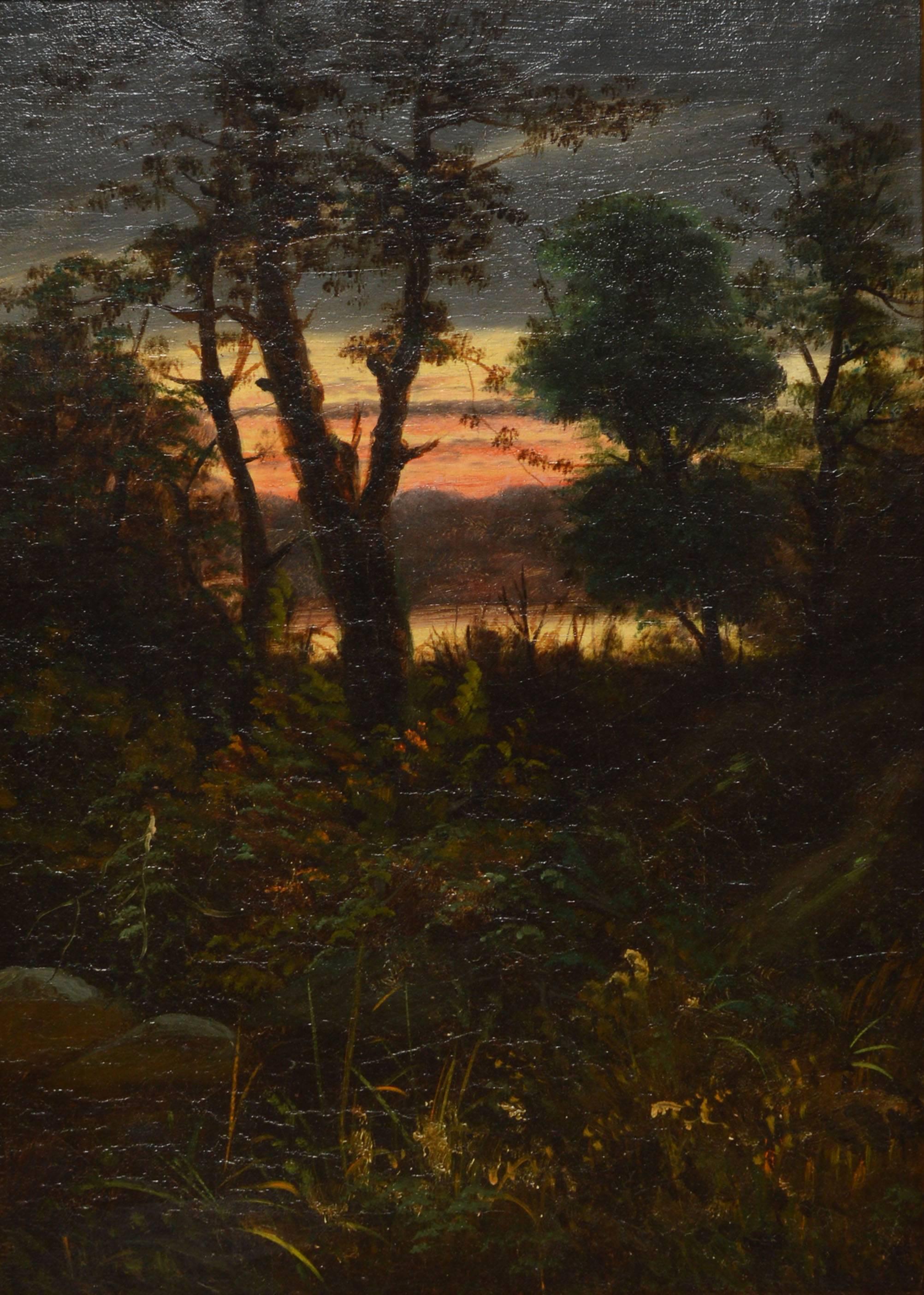 Hudson River School landscape painting with a sunset byJohn Adams Parker  (1837 - 1900).  Oil on canvas, circa 1860.  Signed lower left, 