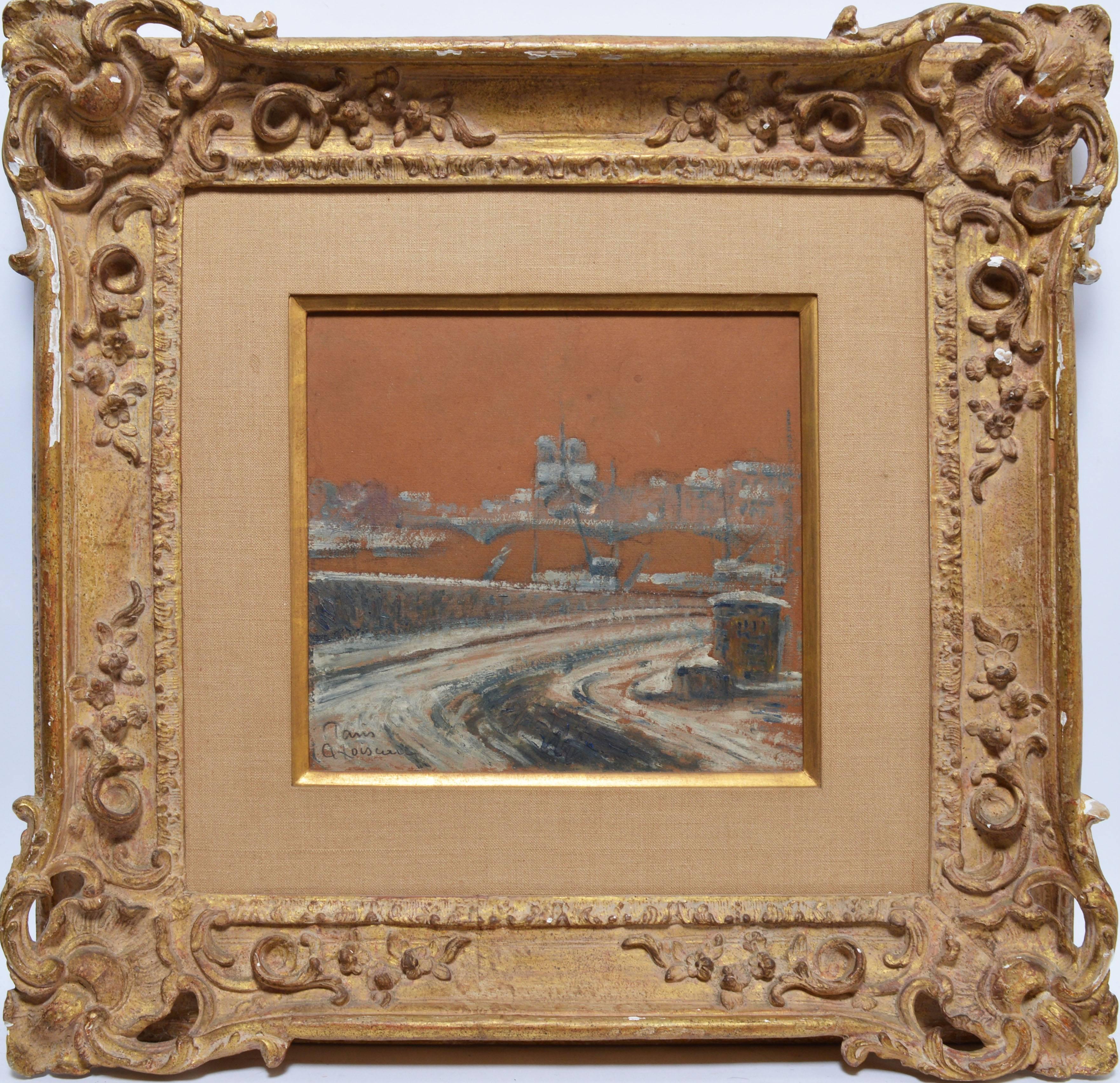 Modernist view of Paris by Gustave Loiseau  (1865 - 1935).  Oil and gouache on board, circa 1910.  Signed lower left, "G. Loiseau".  Displayed in a giltwood frame.  Image size, 9.5"L x 10.5"H, overall  21"L x 22"H.