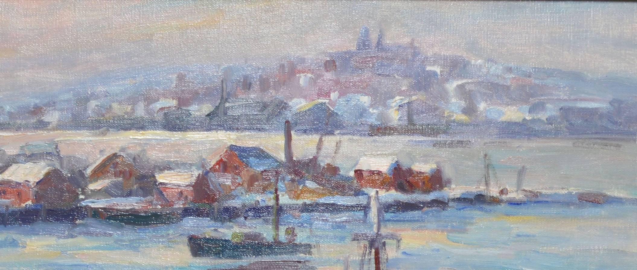 Impressionist harbor view of Smith Cove in winter by Emile Albert Gruppe  (1896 - 1978).  Oil on canvas, circa 1950.  Signed lower right, 