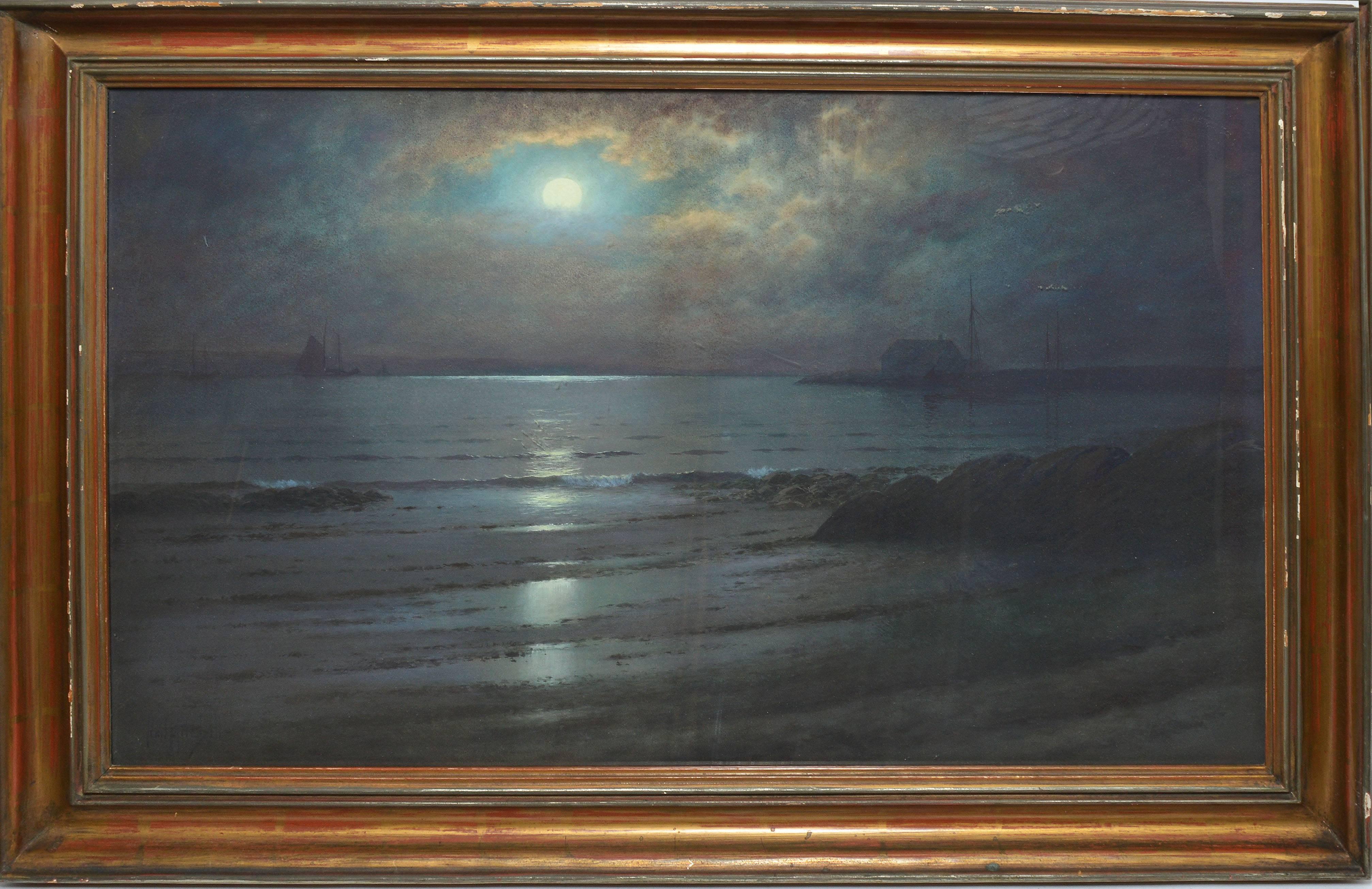 Realist view of a harbor under moonlight by Neil Mitchill  (1858 - 1934).  Watercolor and gouache on board, circa 1890.  Signed lower right, "Neil Mitchill".  Displayed in a period giltwood frame, displayed behind glass.  Image size, 28"L x 18"H,