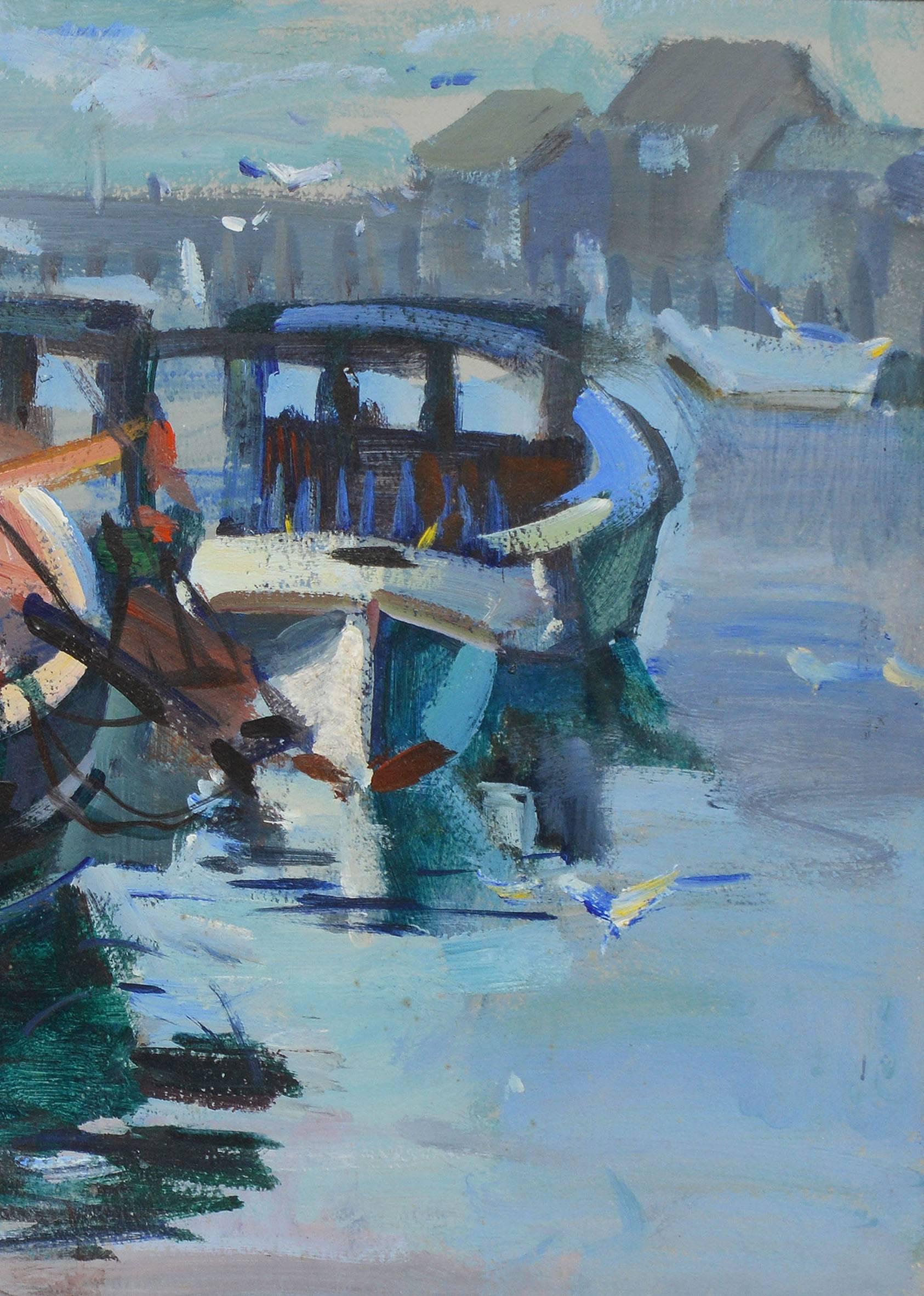 Modernist harbor view by James Cagney  (1899 - 1986).  Oil on board, circa 1960.  Unsigned.  Provenance from Doyle NY.  Image size, 23