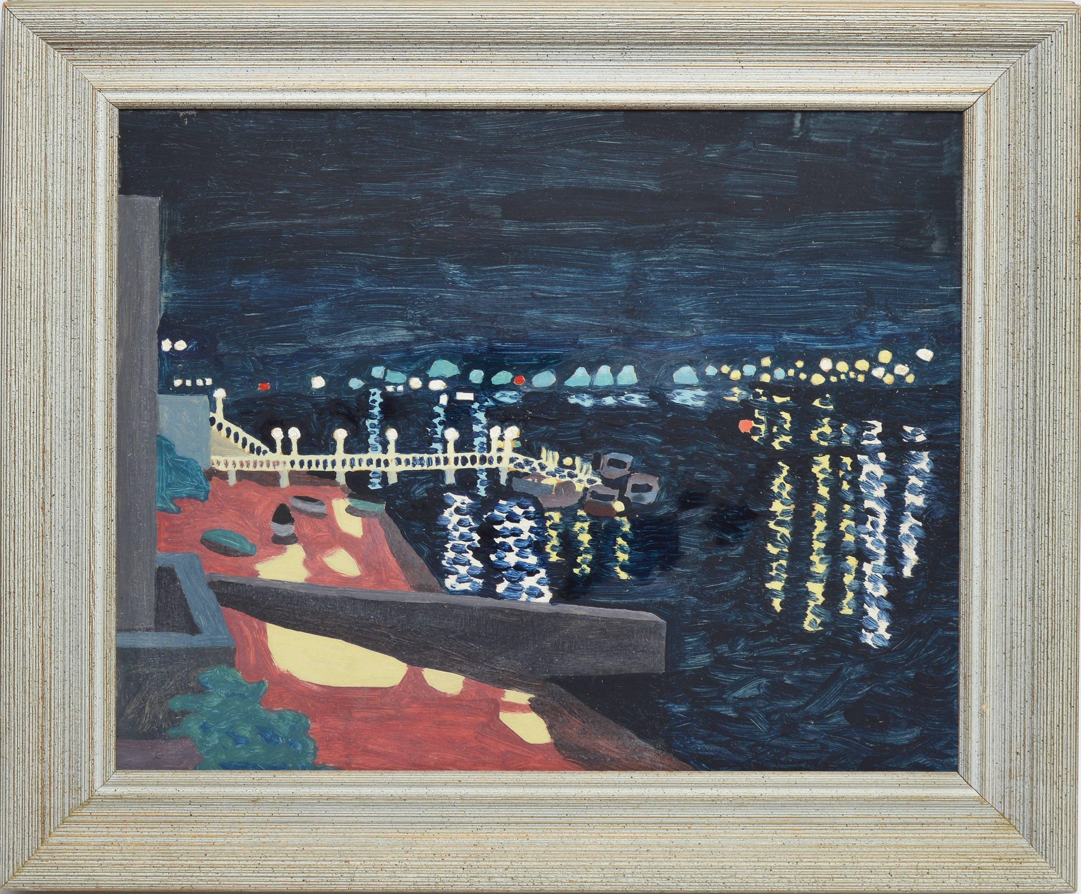 Unknown Landscape Painting - Modernist Abstracted Harbor View
