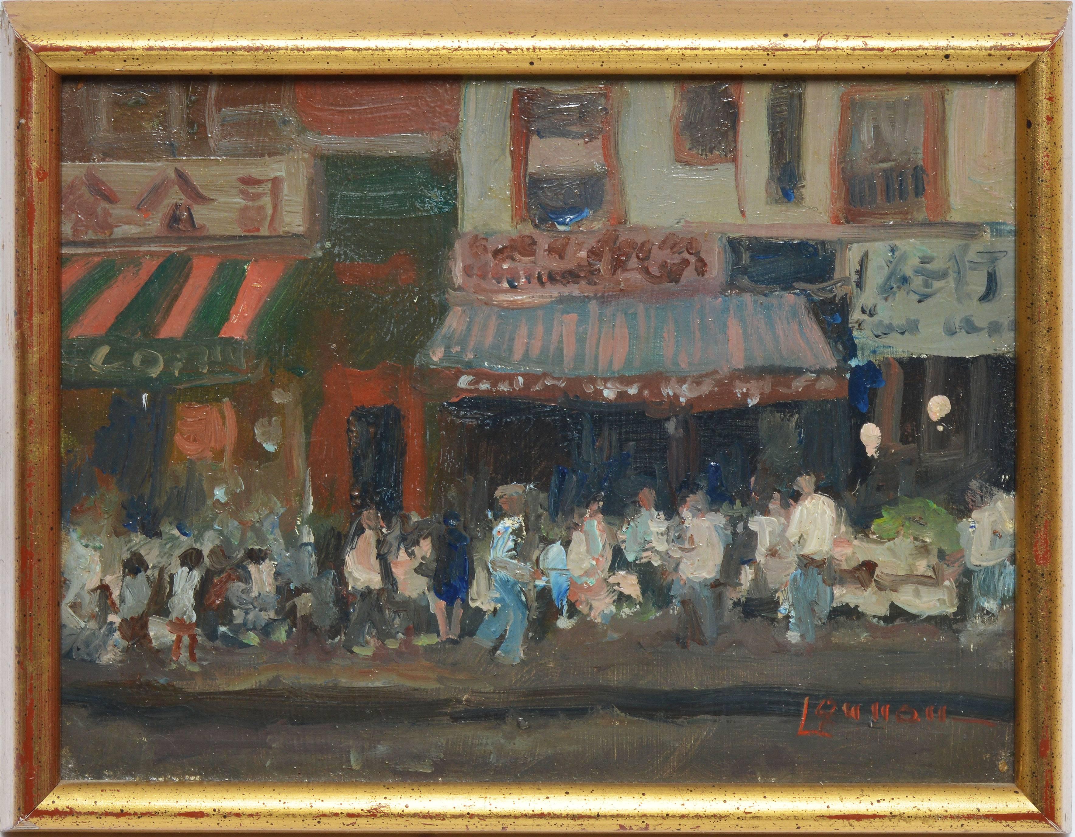 Impressionist view of New York City by Bernard Lennon  (1914 - 1992).  Oil on board, circa 1940.  Signed lower right, "Lennon".  Displayed in a giltwood frame.  Image size, 7.75"L x 5.75"H, overall 9"L x 7"H.