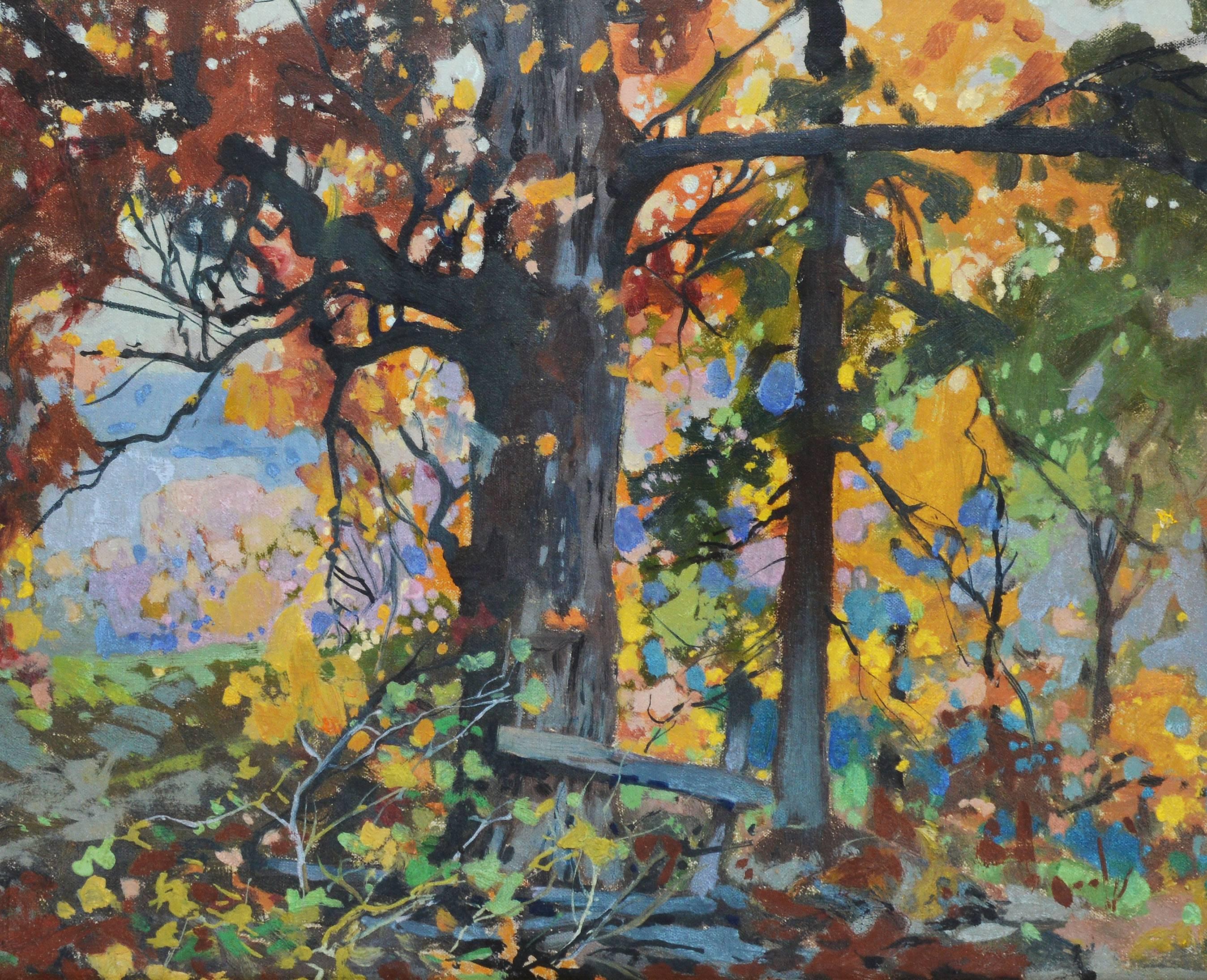 Impressionist fall landcape painting of Brown County State Park by John Zwara  (1880 - 1951).  Oil on board, circa 1936.  Signed lower left, 