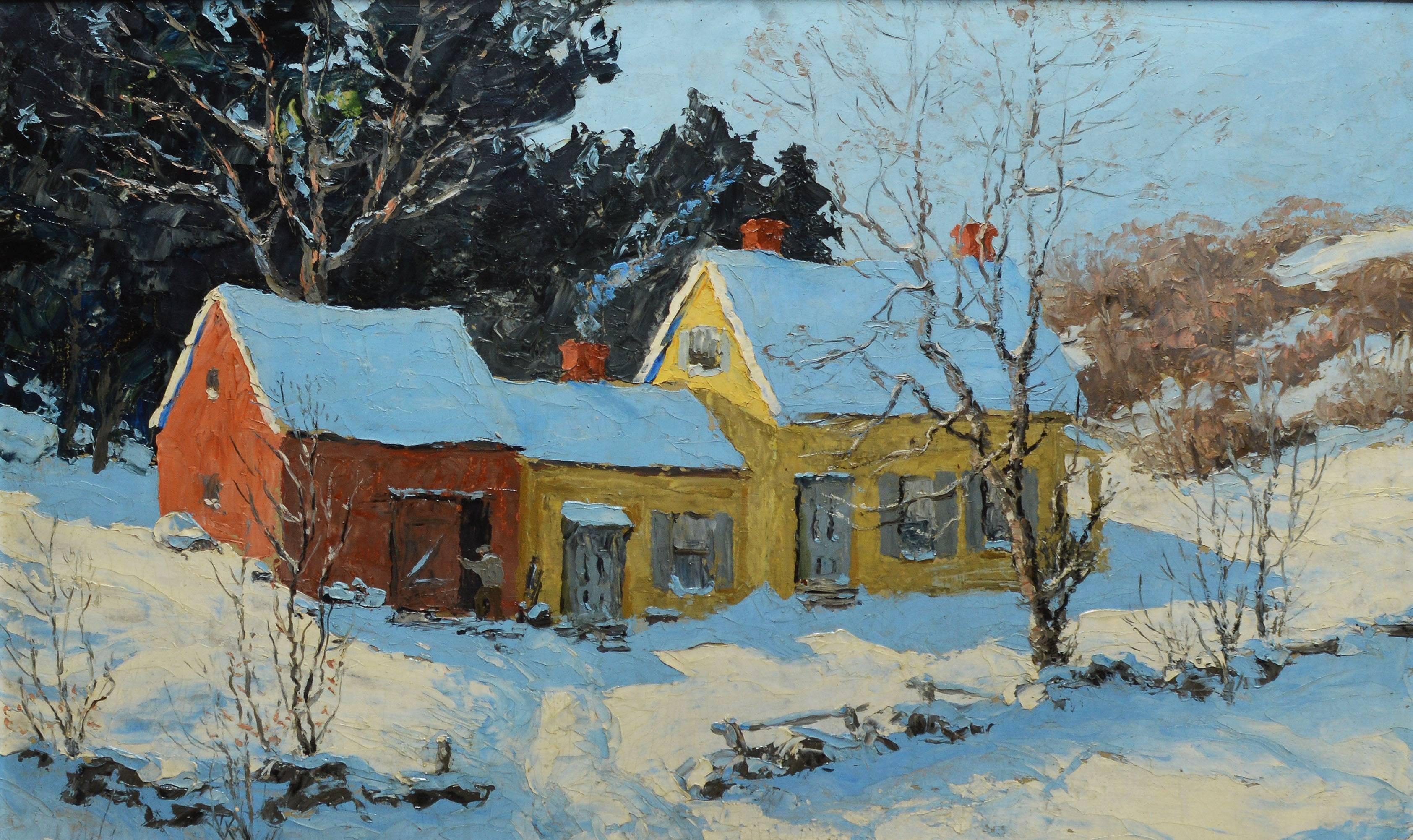 Winter Landscape with Barns by Marion Gray Traver - Impressionist Painting by Marion Gray Traver 