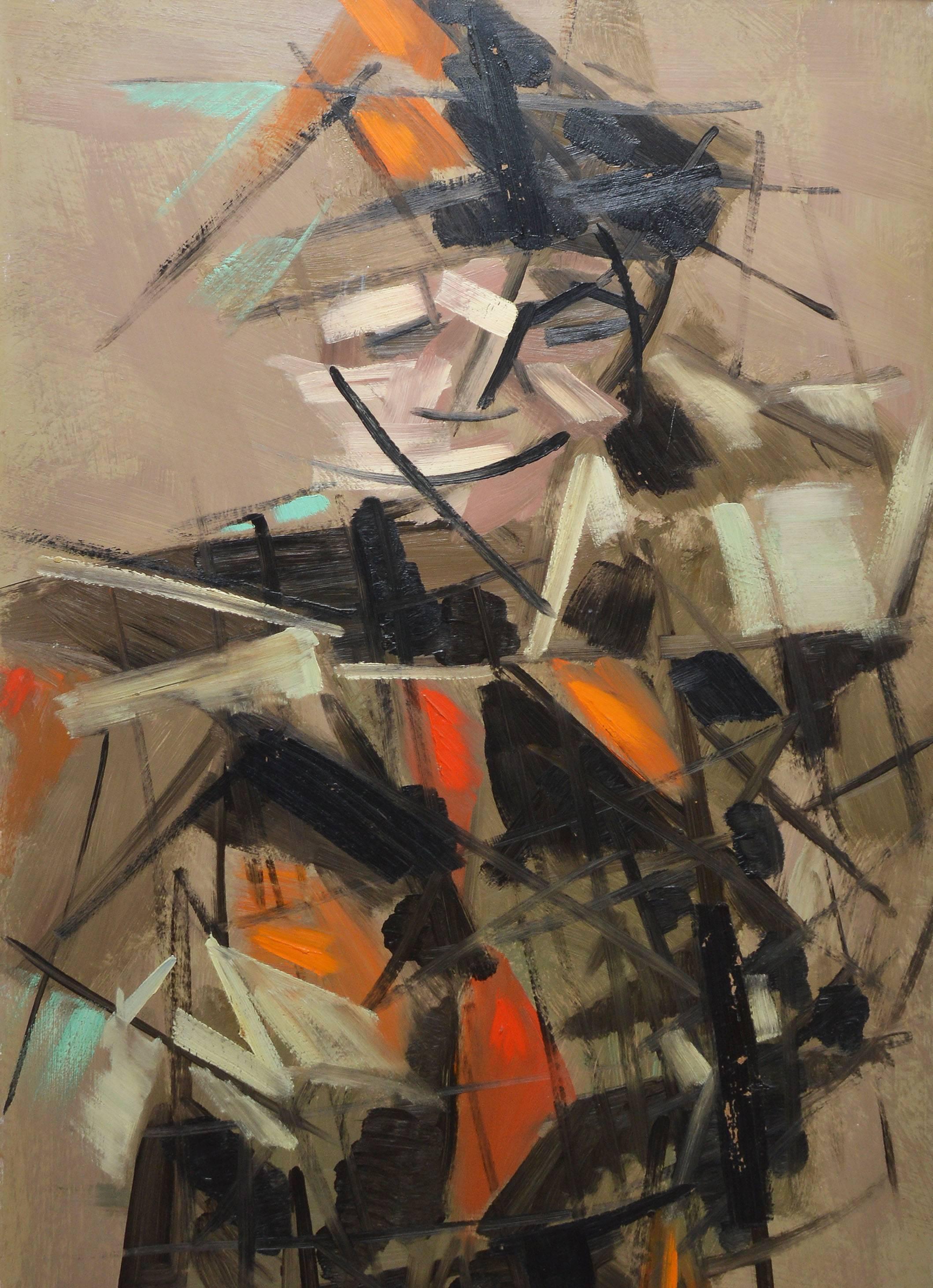 Cubist abstracted figure by Kasan.  Oil on board, circa 1950.  Displayed in a whitewood frame.  Image size, 18