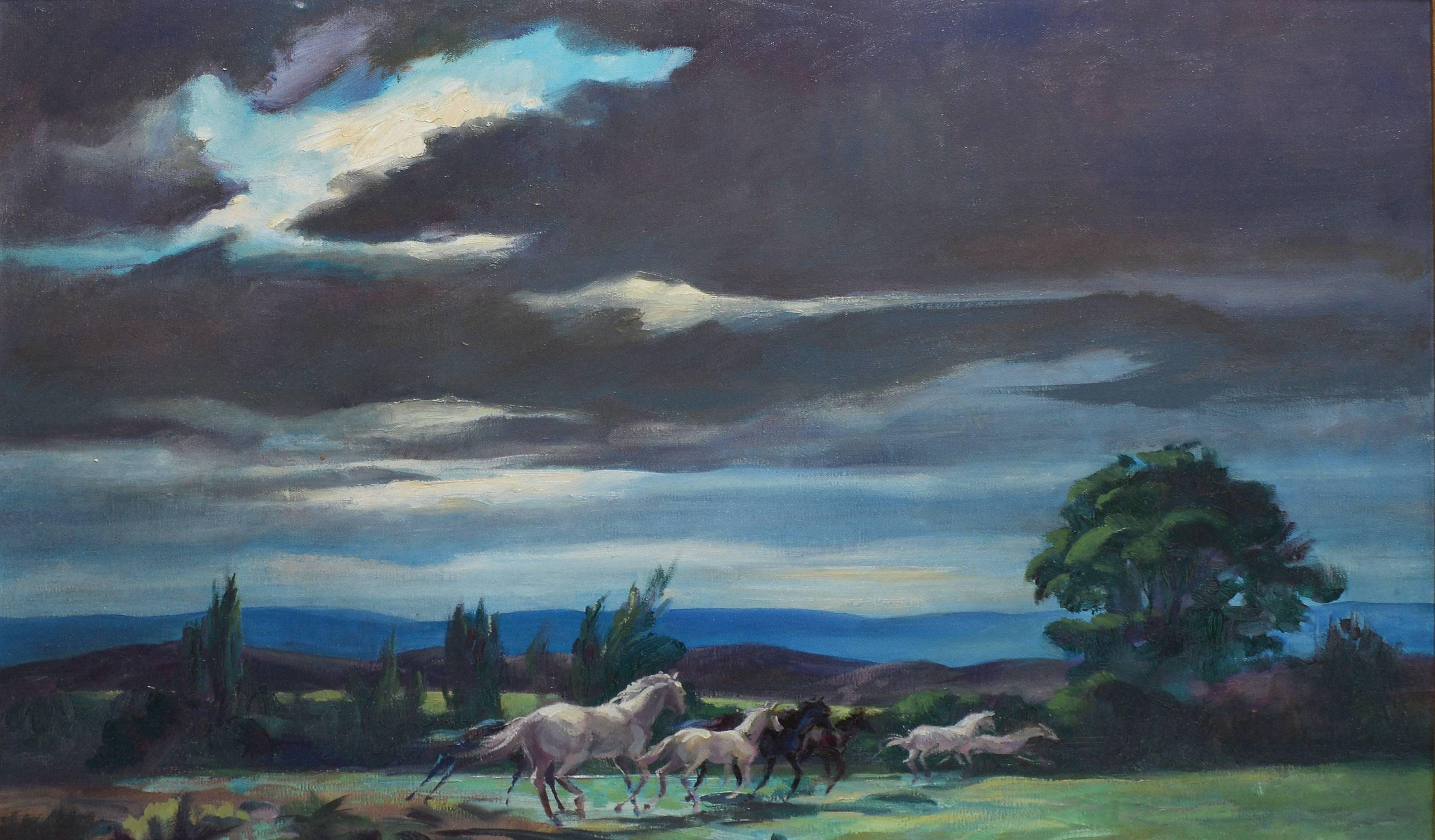 Impressionist view of a landscape with wild horses by Lumen Winter  (1908 - 1982).  Oil on canvas, circa 1950.  Signed lower right, 