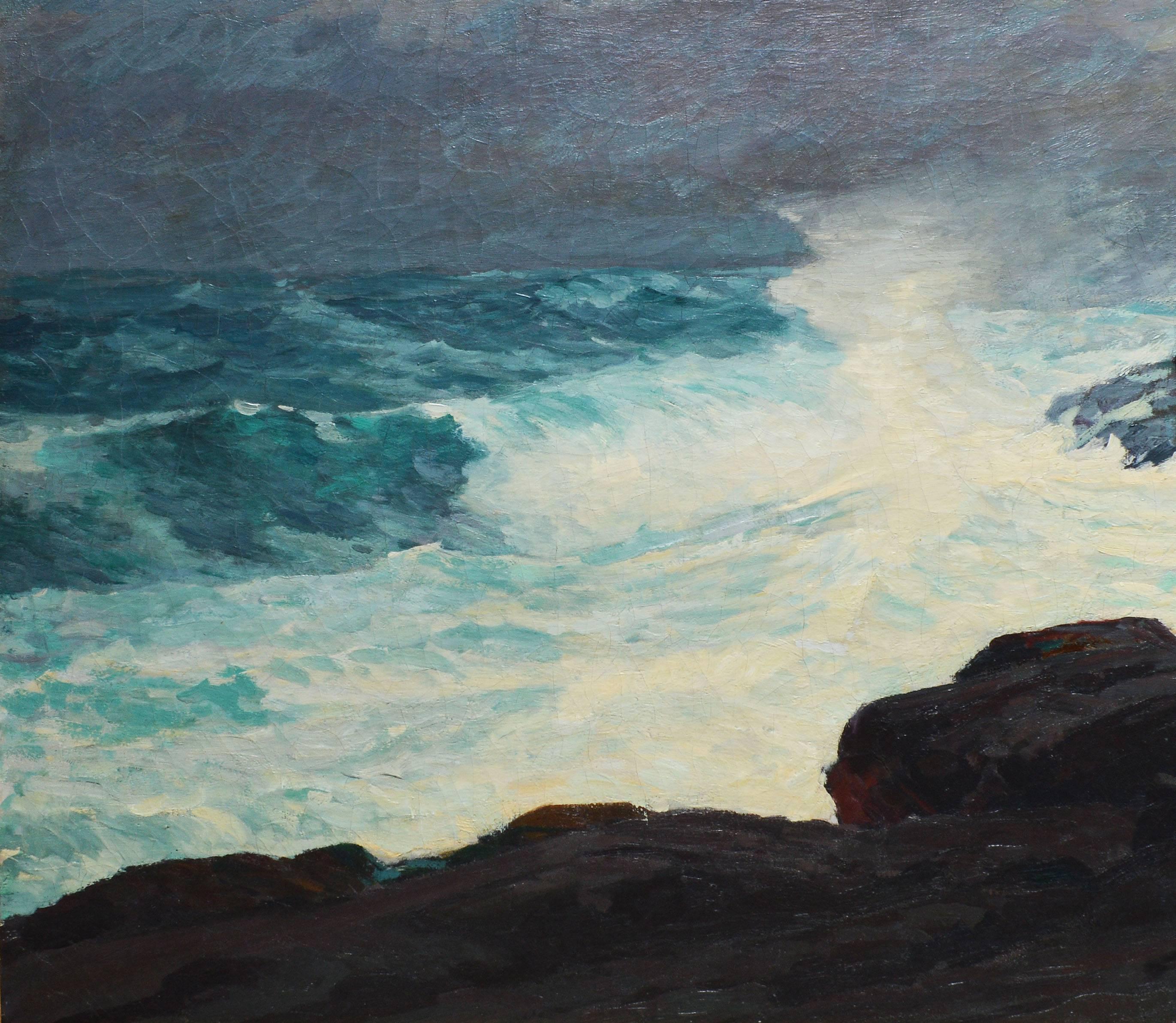 Large seascape oil painting with crashing surf by Paul Dougherty  (1877 - 1947).  Oil on canvas, circa 1905.  Signed lower right, 