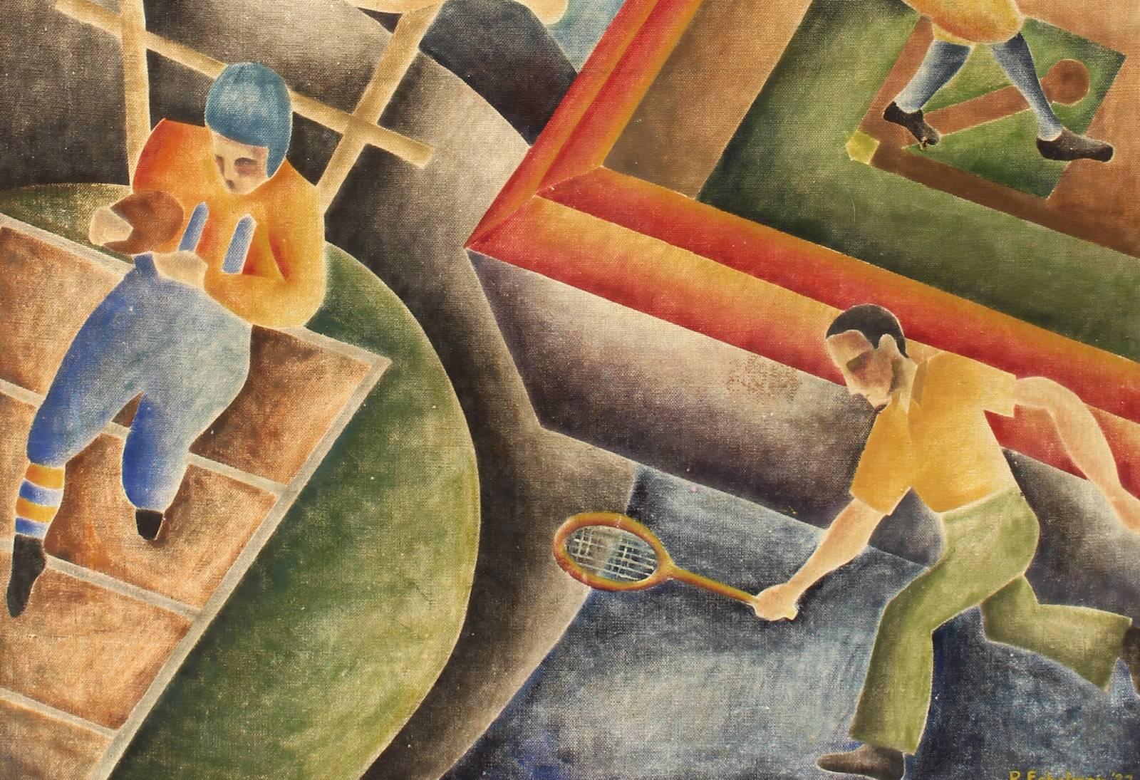 WPA oil painting depicting various sports.  This is most likely a mural study and somewhere in New York State this mural was created in the 30's.