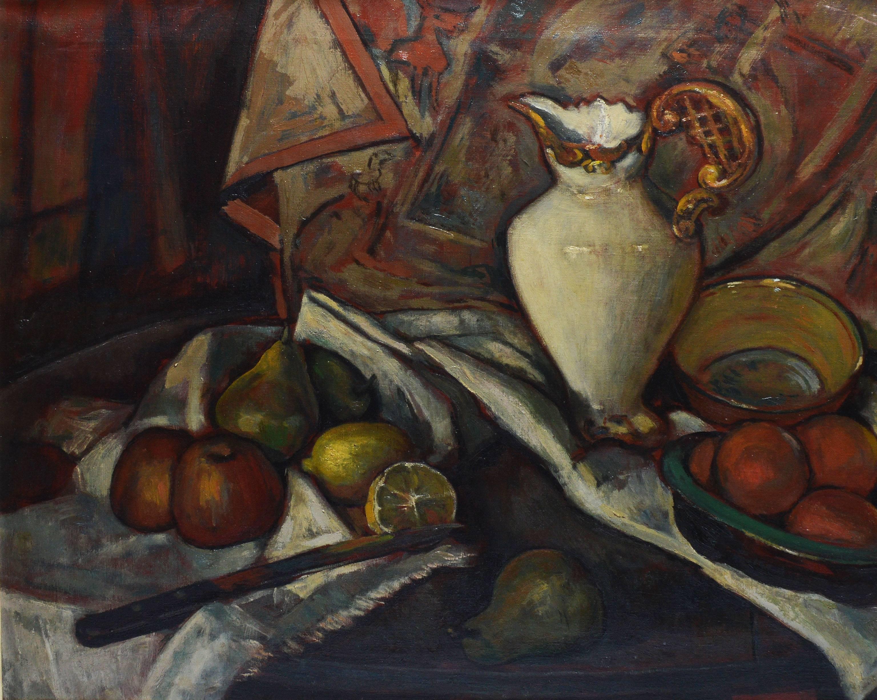 Modernist Kitchen Still Life with Fruit by Leo Quanchi - Black Still-Life Painting by Leo William Quanchi