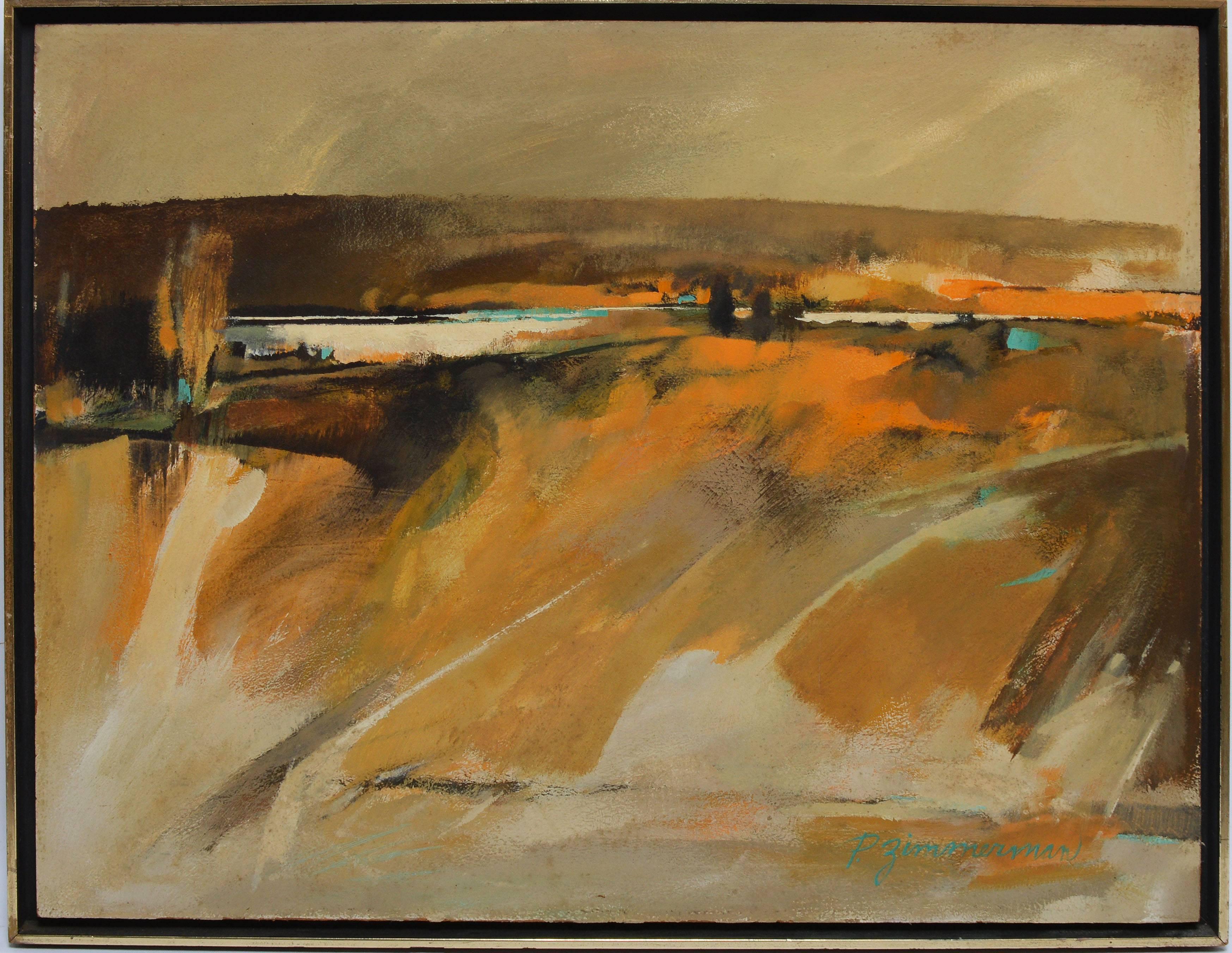 Modernist sunset river landscape view by Paul Zimmerman  (1921 - 2007).  Oil on board, circa 1950.  Signed lower right "P. Zimmerman".  Displayed in a modernist frame.  Image size, 24"L x 20"H, overall 25"L x 21"H.