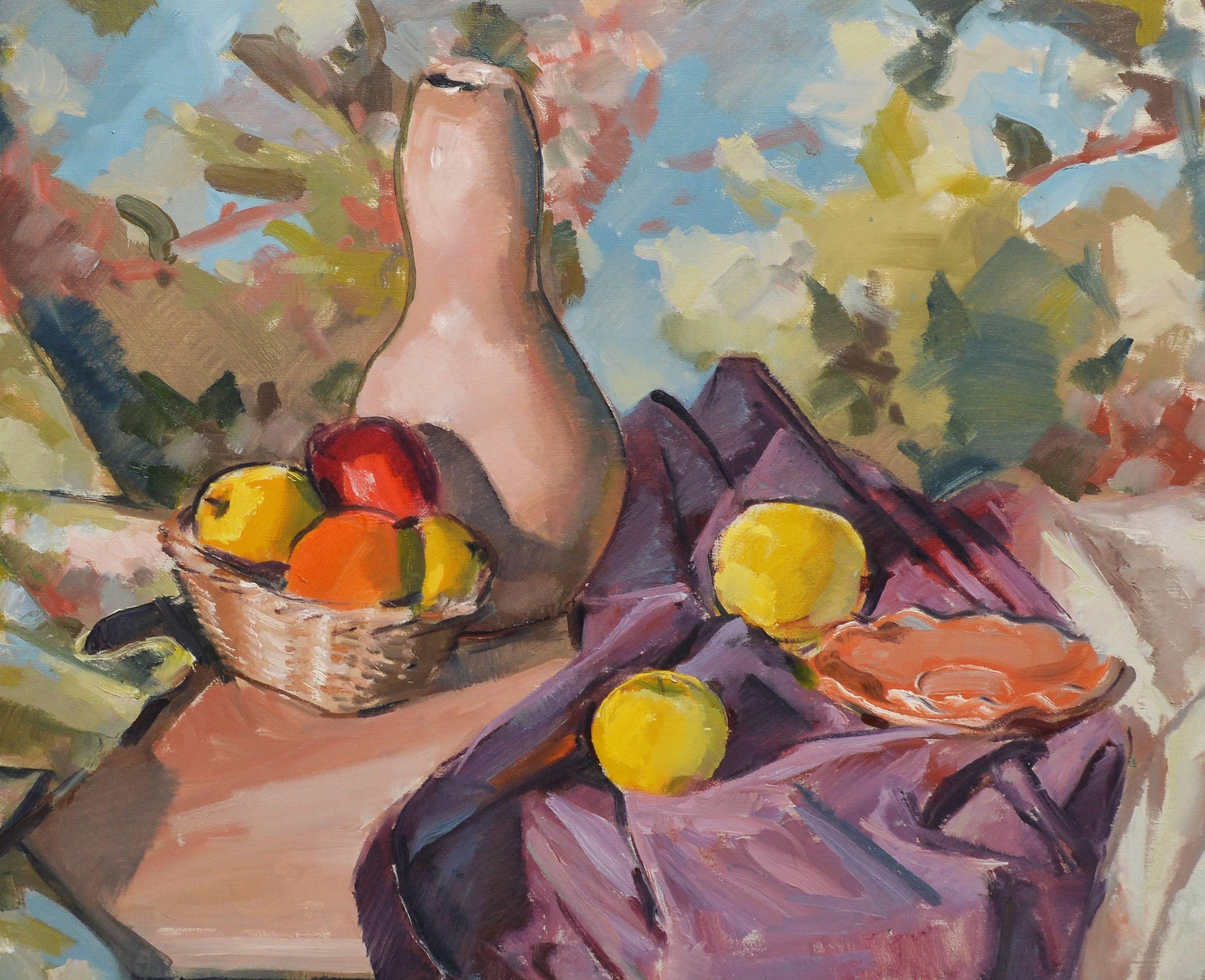 Modernist view of a fruit still life.  Oil on canvas, circa 1950.  Signed lower right in monogram 