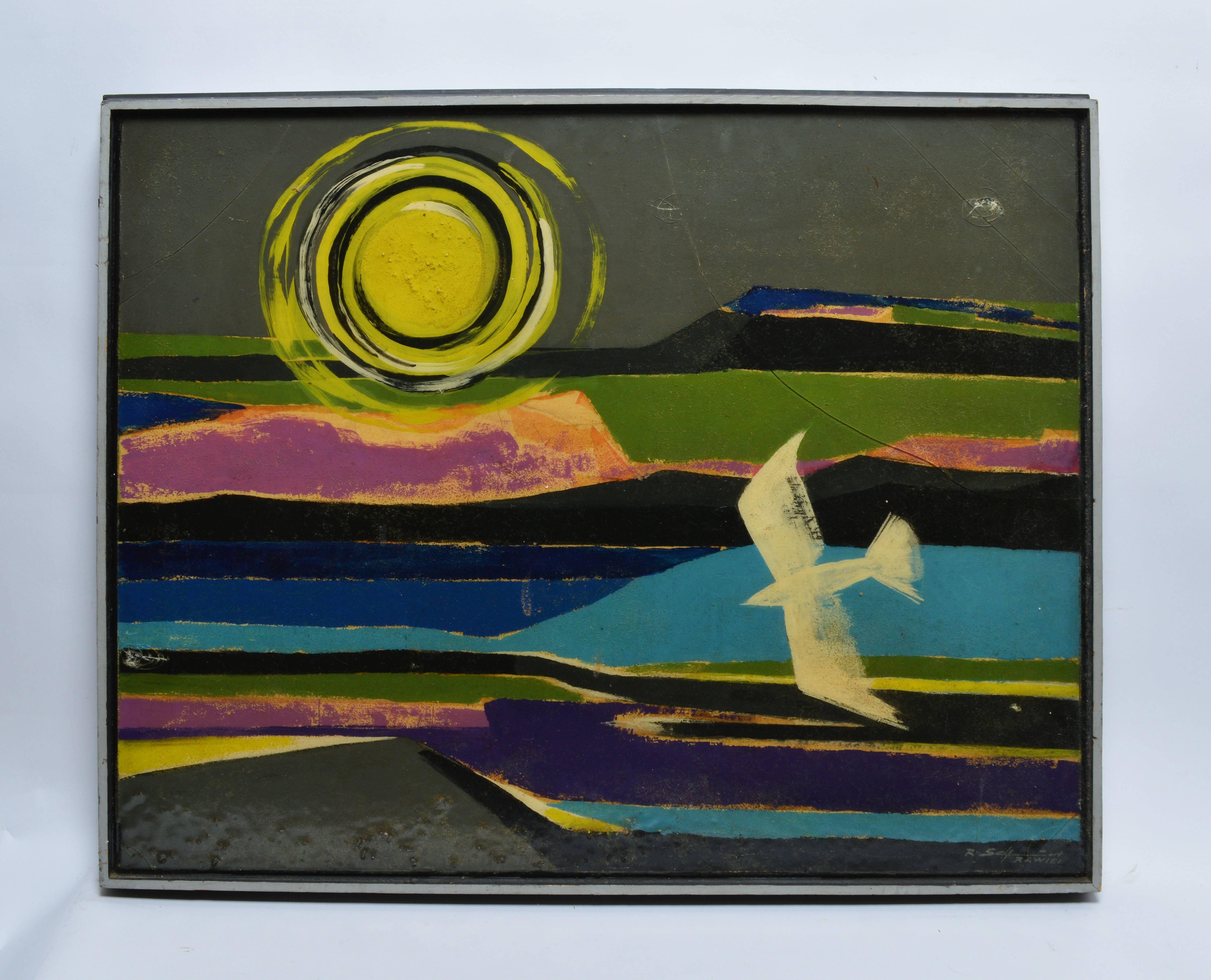 Unknown Abstract Painting - Modernist Abstracted Landscape with Flying Bird