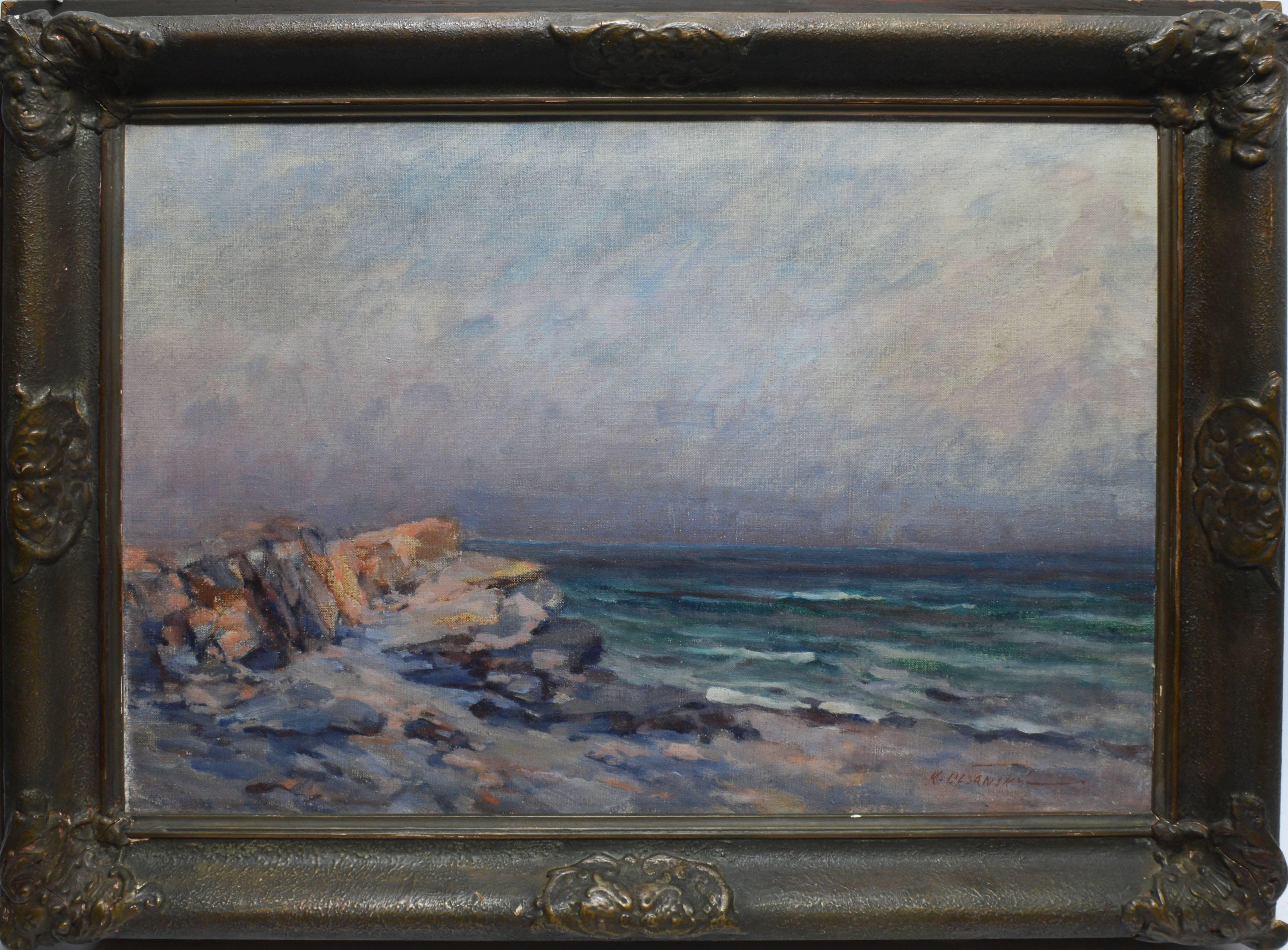 Impressionist view of a sunlit beach scene by Klement Olsansky  (c.1909 - 1963).  Oil on canvas, circa 1930.  Signed lower right, "K. Olansky".  Displayed in a period impressionist frame.  Image size, 28"L x 20"H, overall 34"L x 26"H.