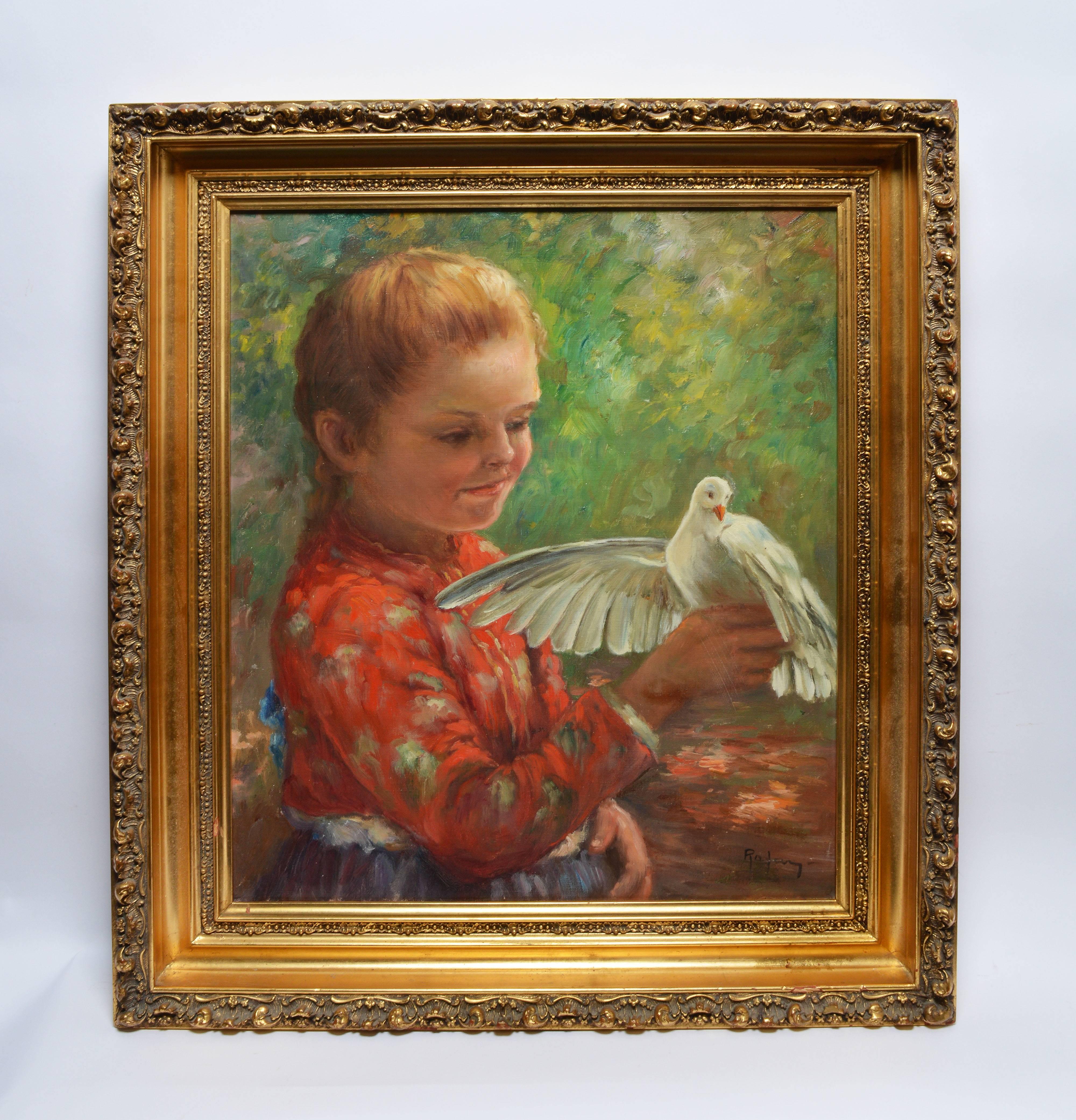 Portrait of a Young Girl with a Dove - Painting by Unknown