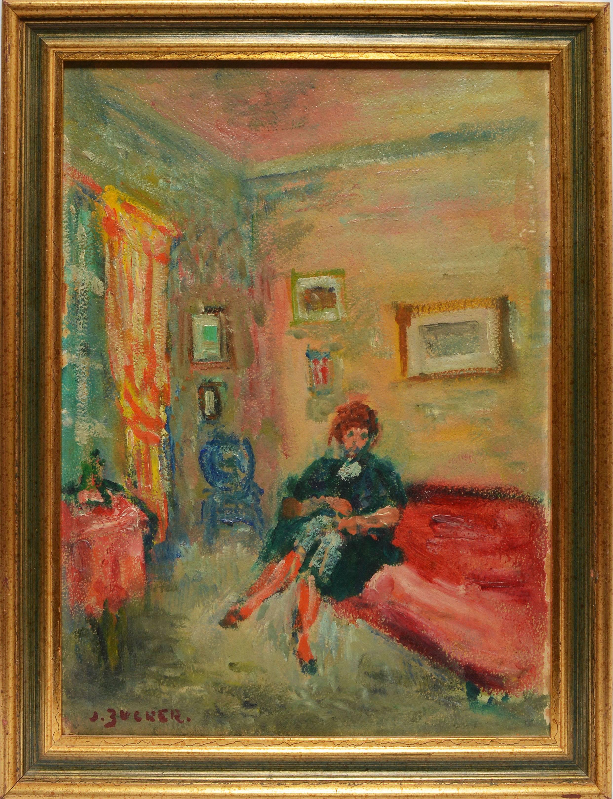 Modernist view of an interior by Jacques Zucker  (1900 - 1981).  Oil on canvas, circa 1940.  Signed lower left, "J. Zucker".  Displayed in a period frame.  Image size, 9.5"L x 13"H, overall 12"L x 15"H.