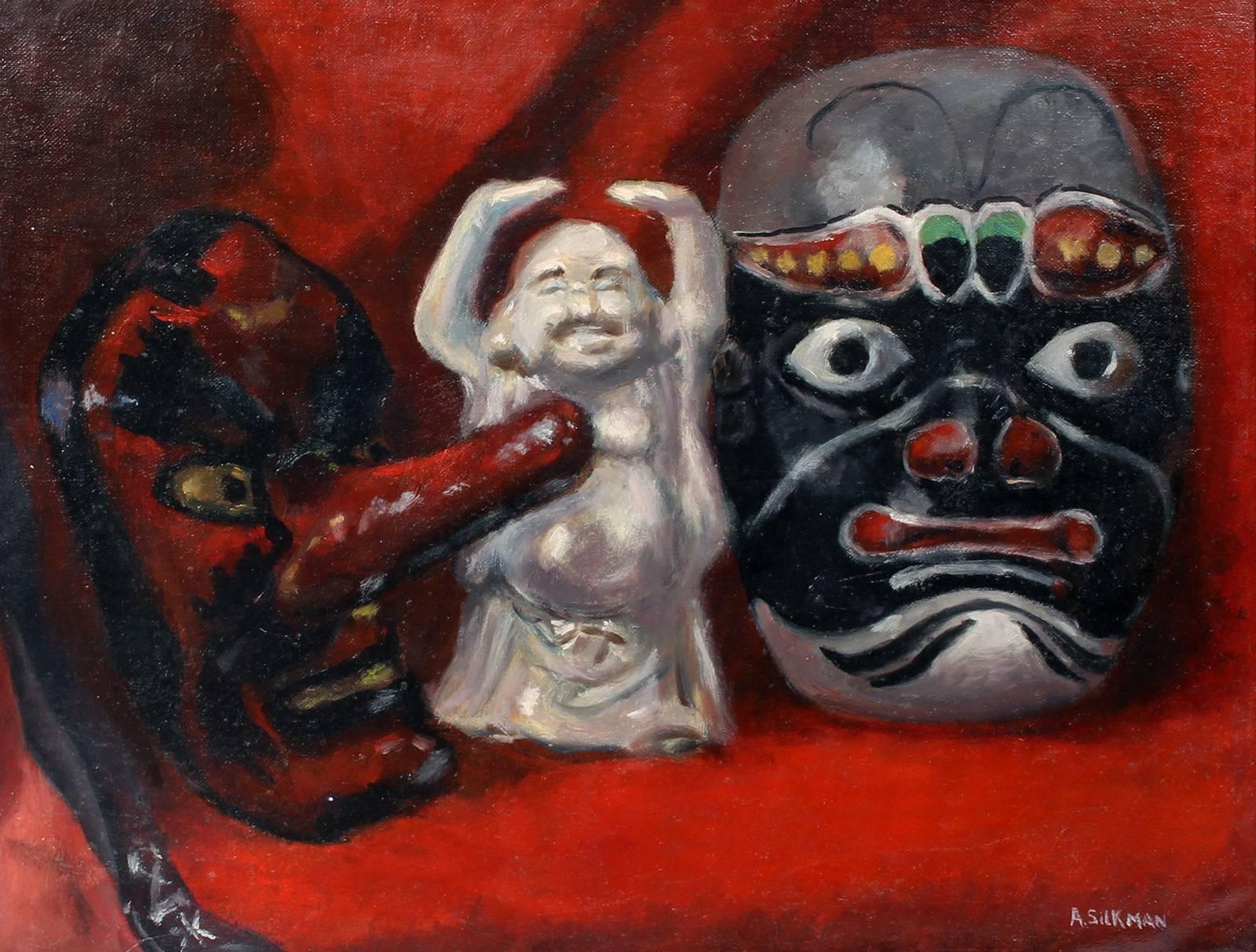 Masks and Buddha - Painting by Arthur K. Silkman